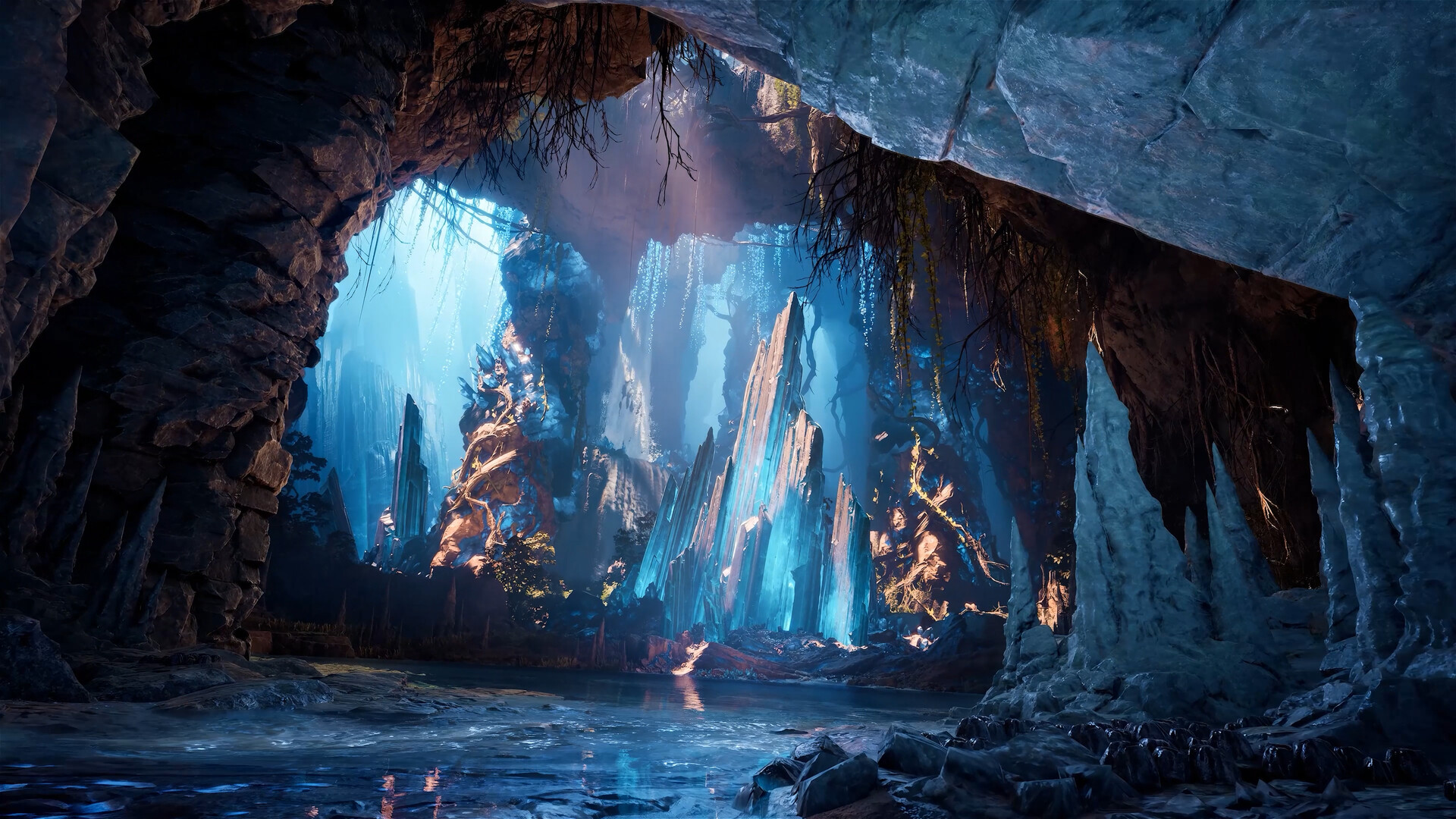 Caverne d'AION 2 traversée de hauts cristaux bleus lumineux, au bord d'une étendue d'eau souterraine.