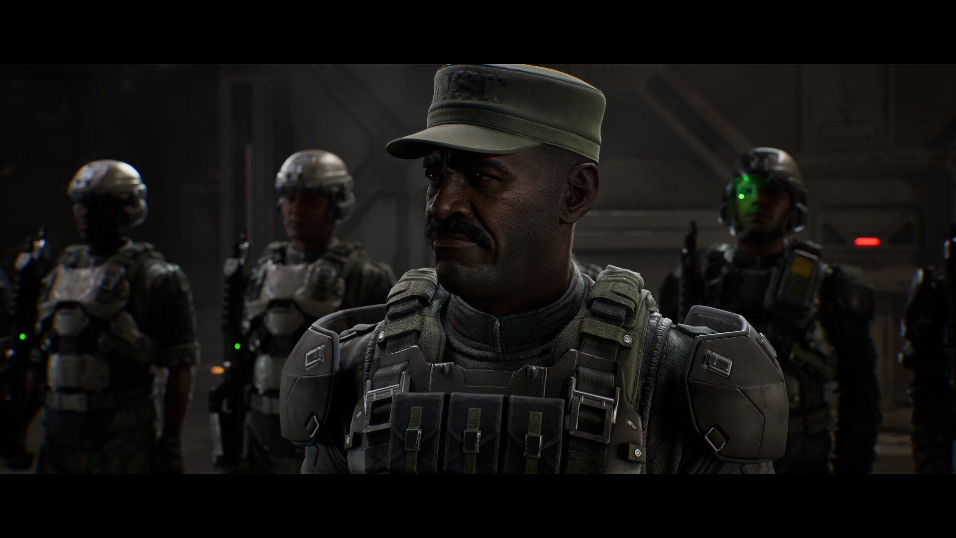Le sergent-chef Avery Johnson entouré de Marines de l'UNSC dans une cinématique de Halo: Campaign Evolved