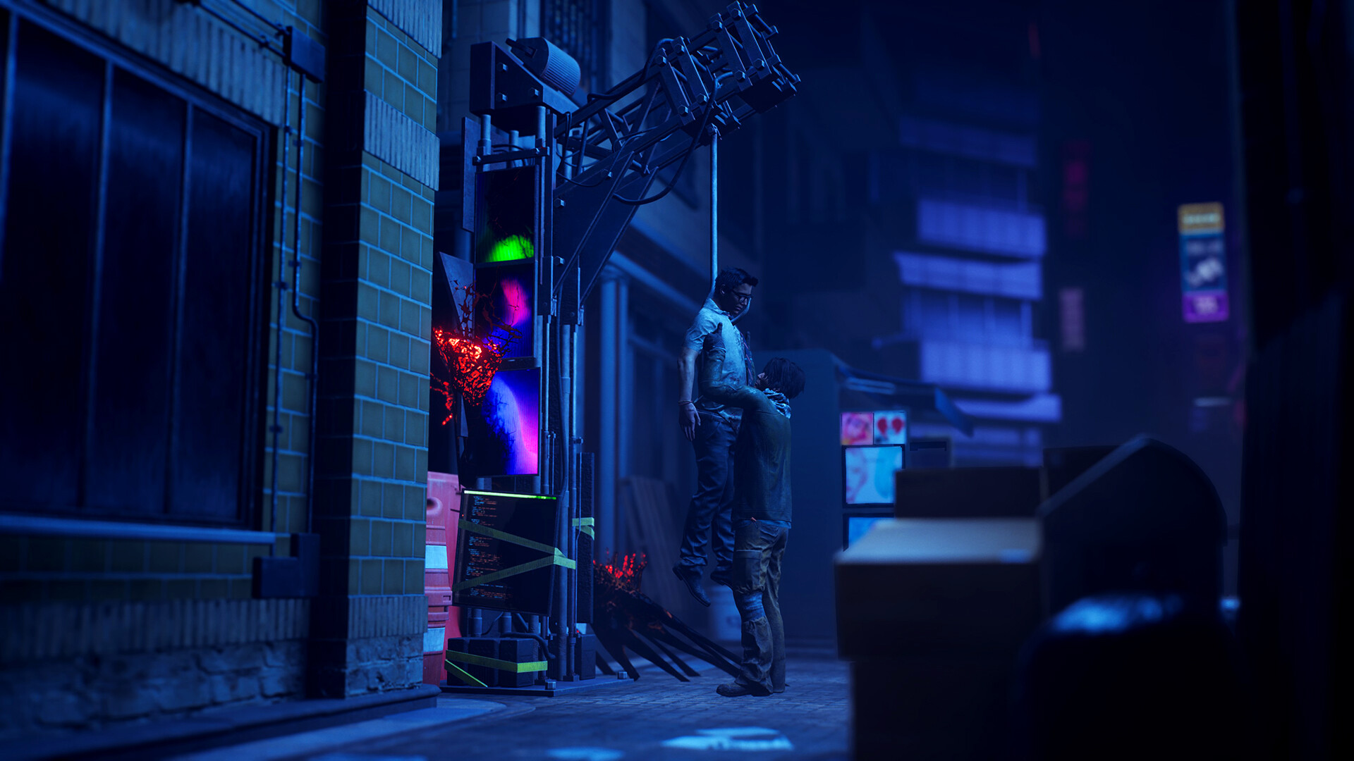 Un survivant de Dead by Daylight décroche un allié suspendu à un crochet dans une ruelle nocturne