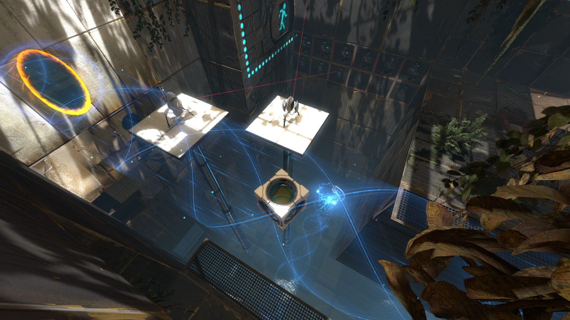 Une chambre de test d'Aperture Science dans Portal 2, avec un portail orange sur un panneau et un flux bleu qui traverse la salle au-dessus de deux tourelles.