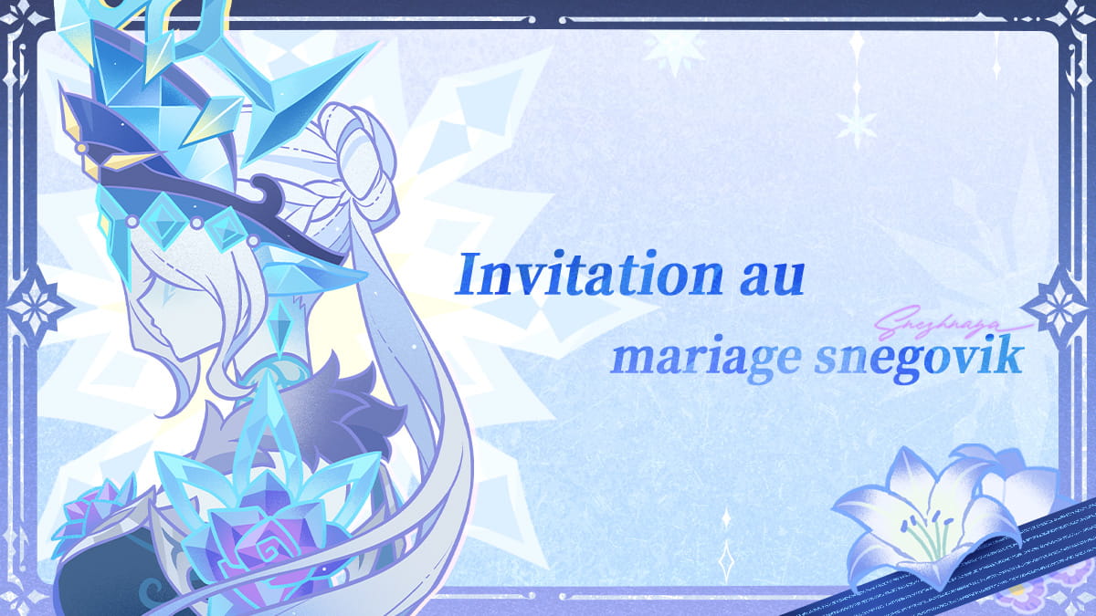 Visuel officiel de Genshin Impact représentant une invitation festive envoyée par les snegovik à Snezhnaya