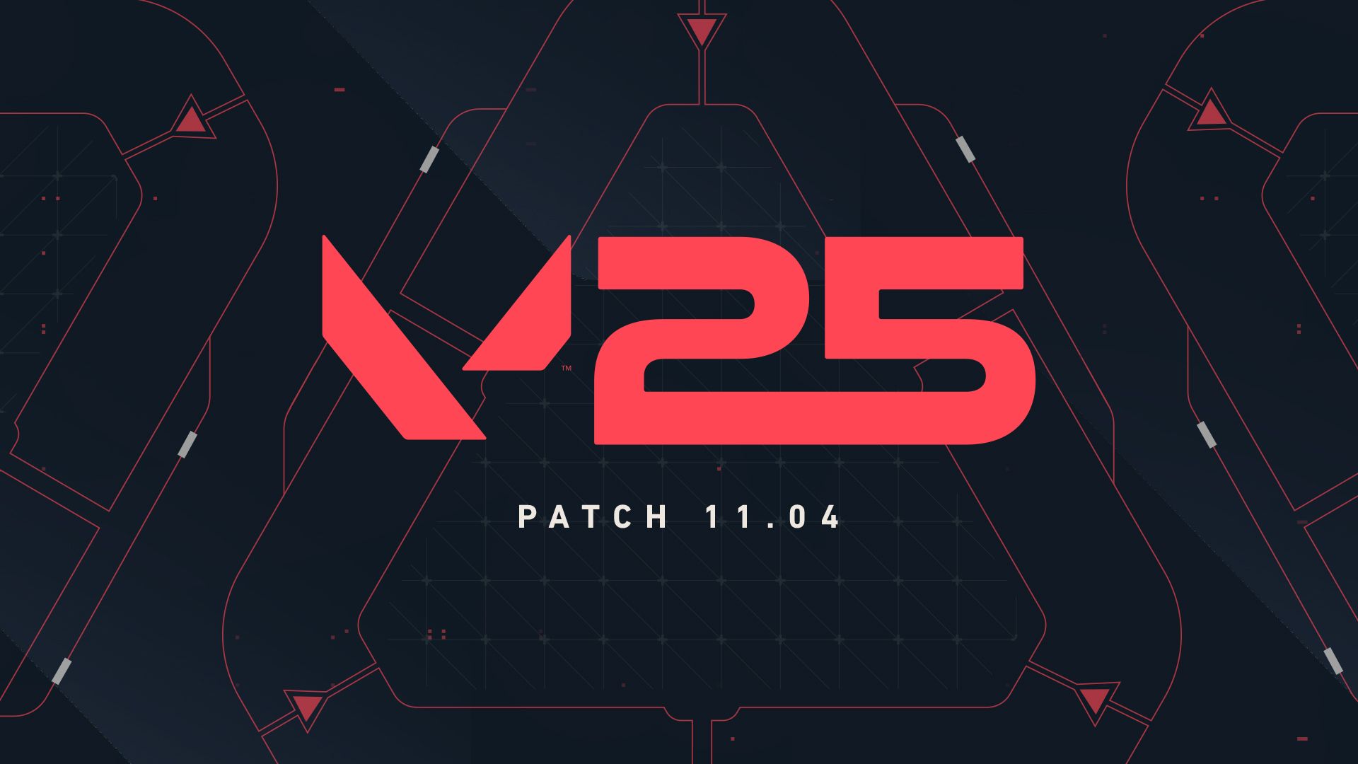 Clé d'art officielle de Valorant pour le patch 11.04, avec le logo V25 rouge sur fond sombre et la mention PATCH 11.04.