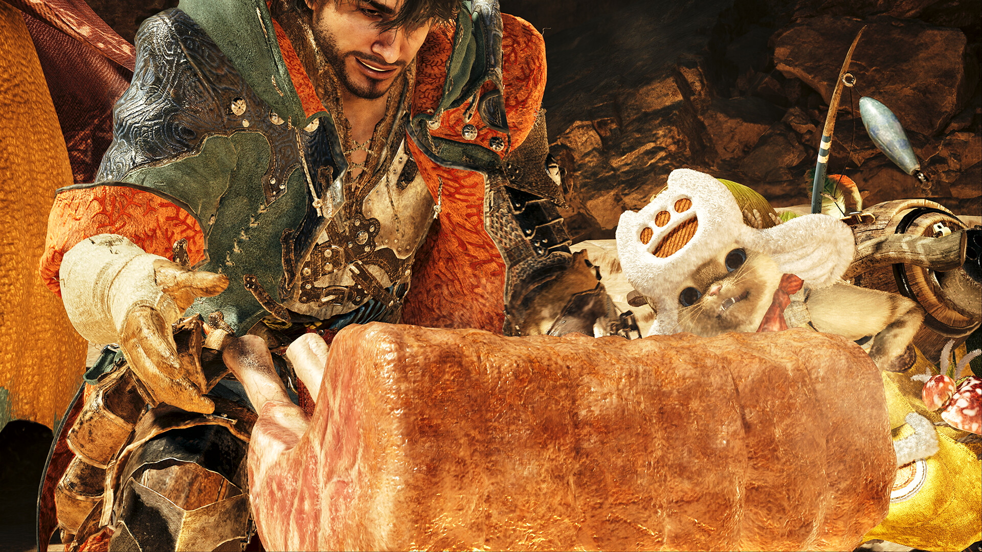 Un chasseur de Monster Hunter Wilds fait griller une pièce de viande au camp, accompagné de son Palico