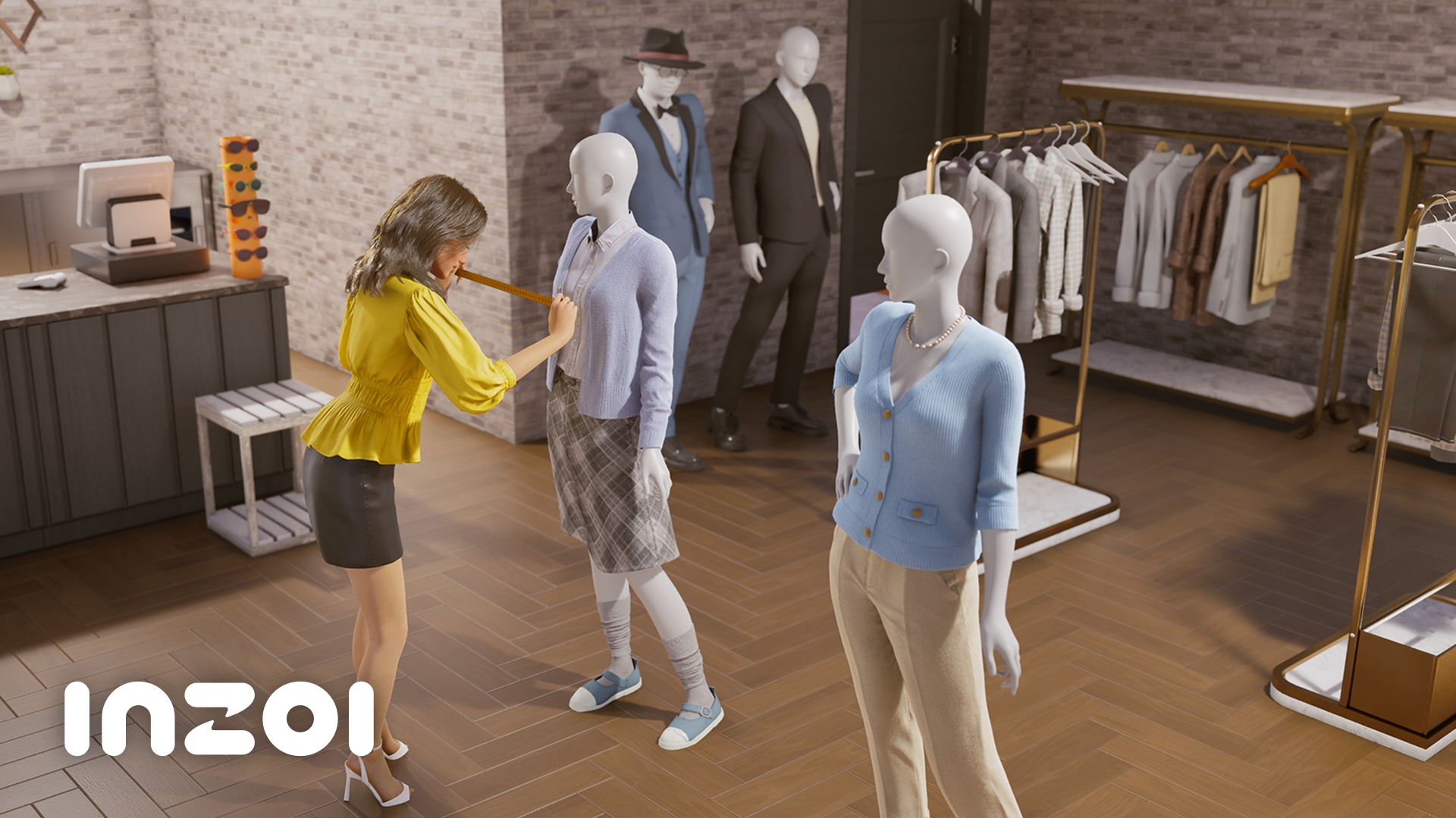 Une Zoi prend les mesures d'un mannequin dans une boutique de vêtements d'inZOI