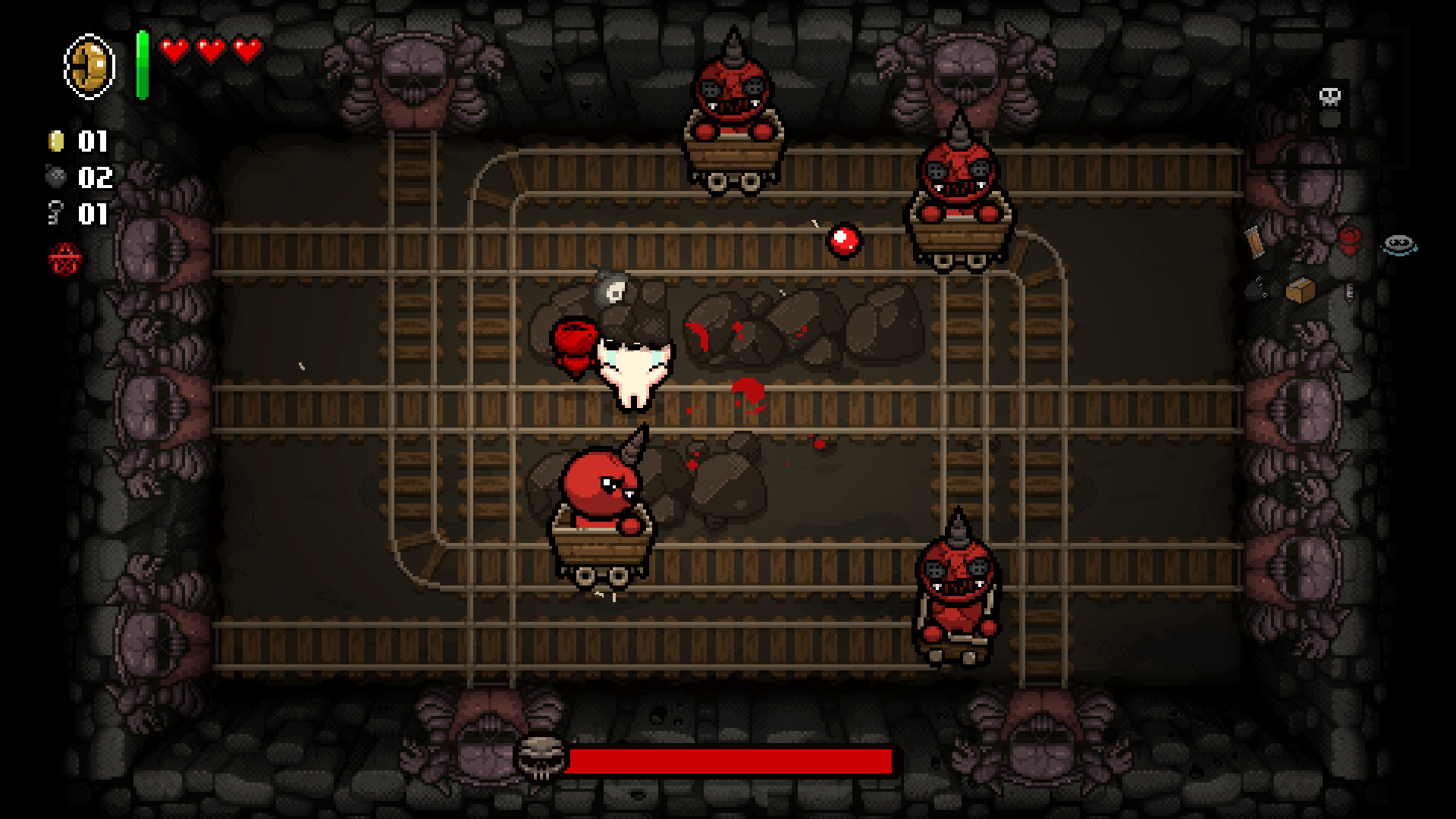 Combat sur les rails des Mines dans The Binding of Isaac Repentance