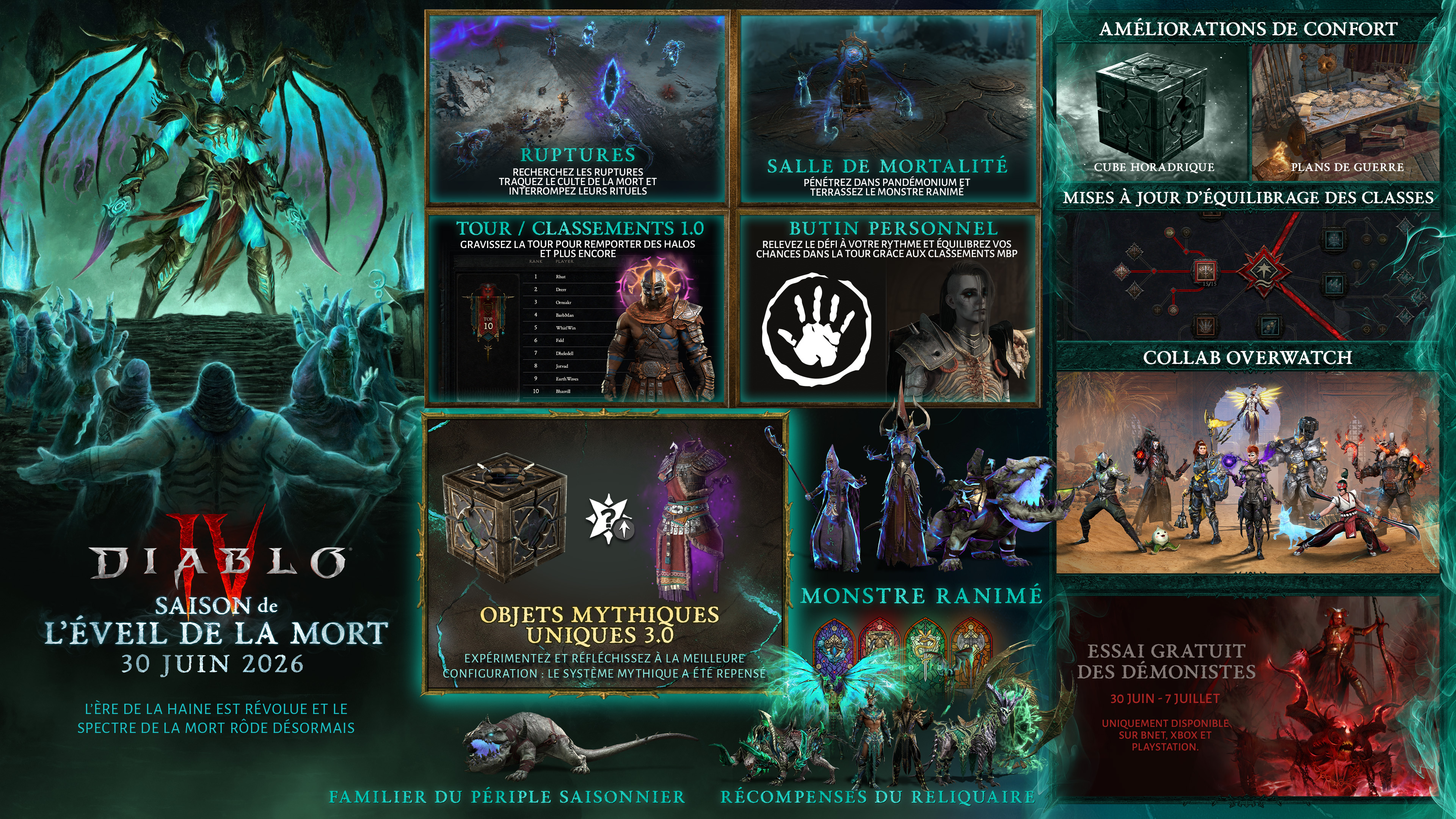 Infographie officielle française de la saison de l'éveil de la Mort de Diablo IV, avec l'encart Butin personnel