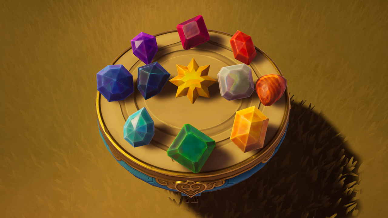 Les pierres d'étoile de Palia disposées en décoration sur une table, avec la Sunstone dorée au centre