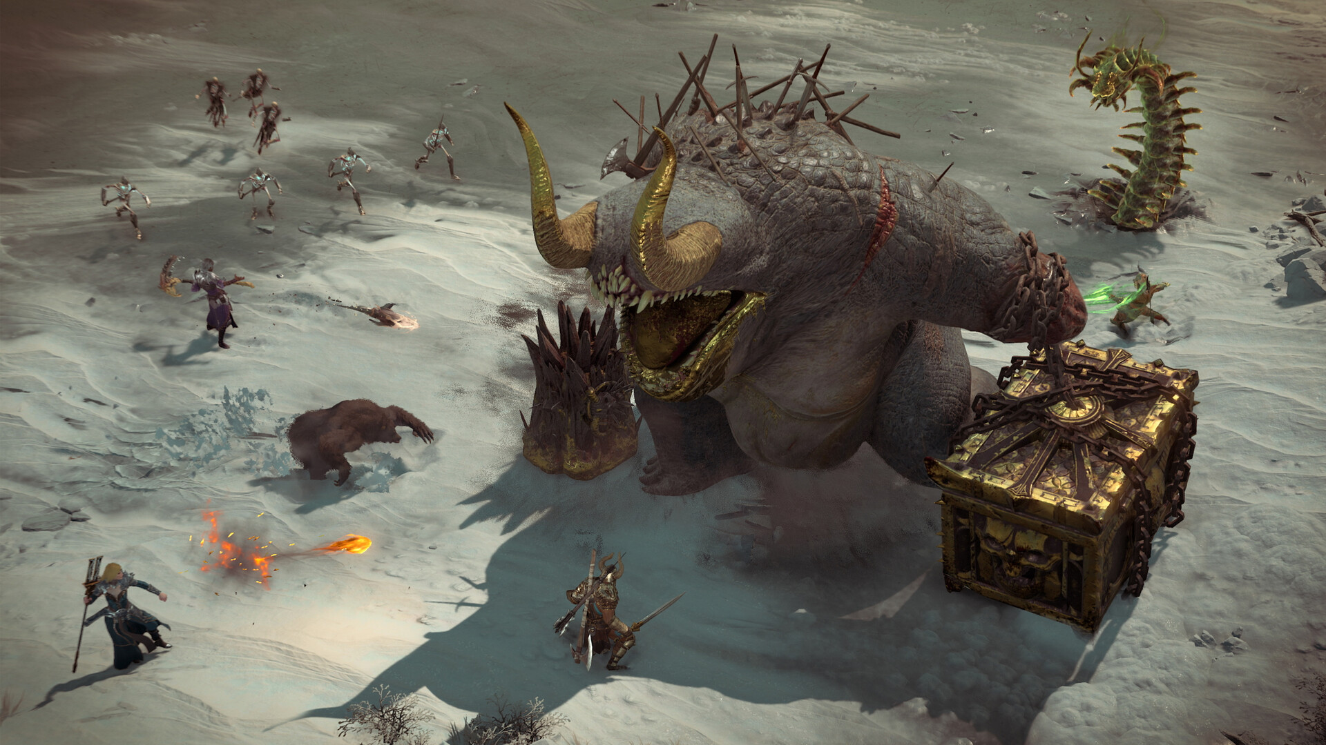 Groupe de joueurs affrontant un démon devant un coffre au trésor dans Diablo IV