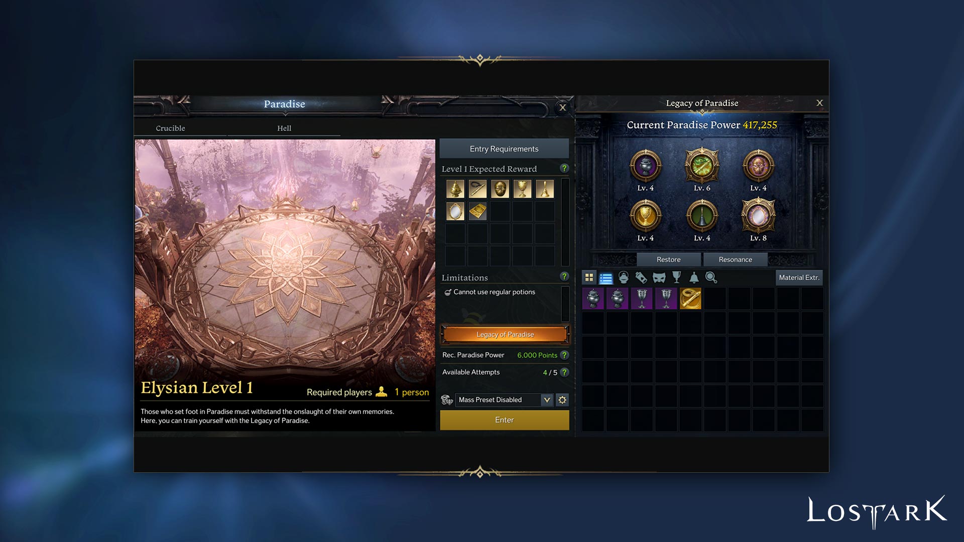Interface Legacy of Paradise dans Lost Ark
