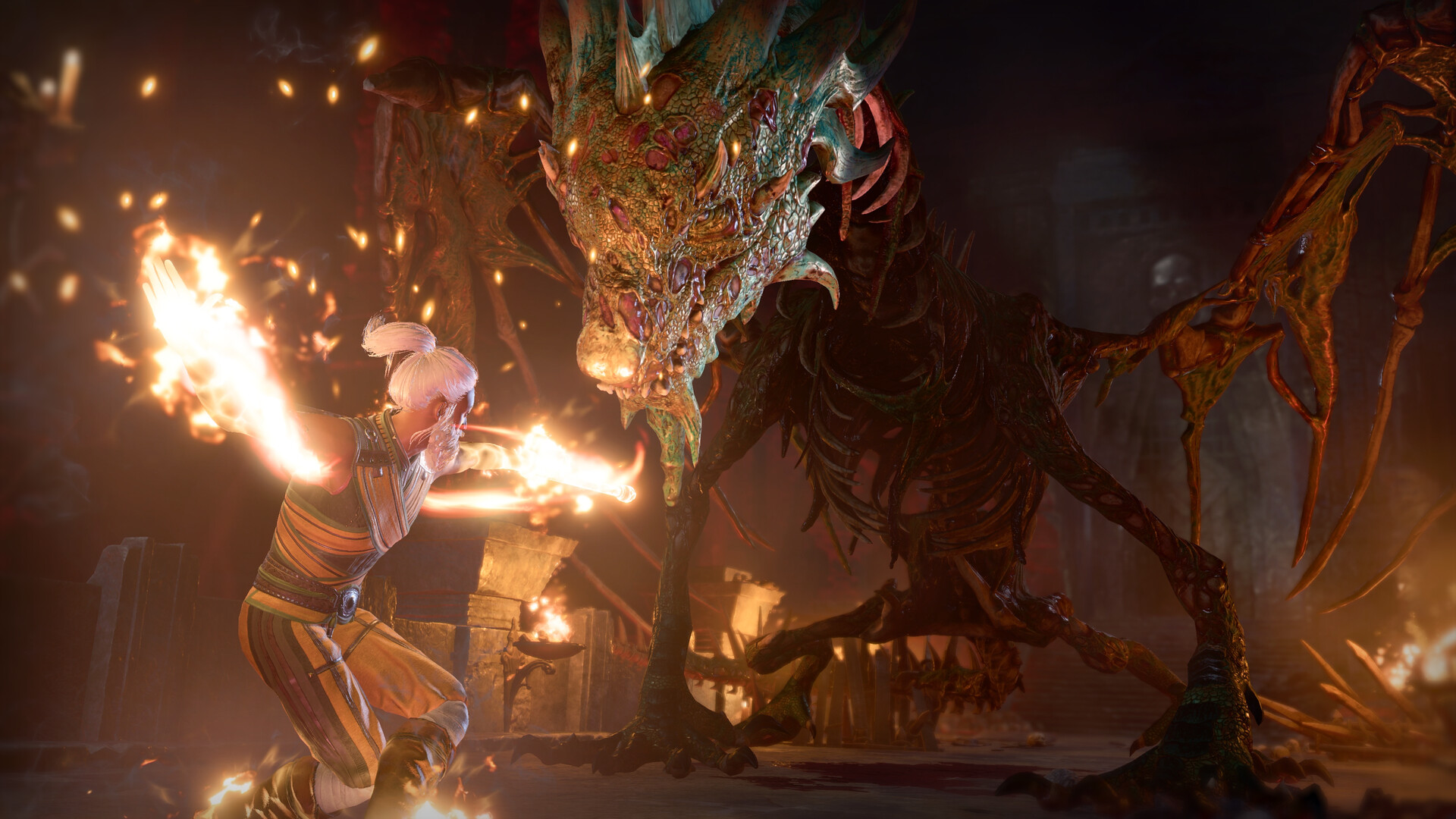 Un personnage de Baldur's Gate 3 aux poings enflammés affronte un immense dragon décharné dans une salle en ruine
