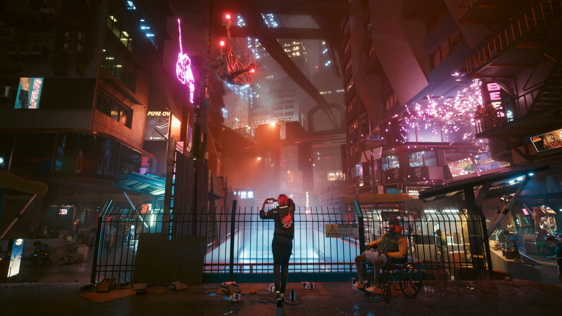 V, vue de dos dans une ruelle de Night City éclairée aux néons, forme un cœur avec ses mains