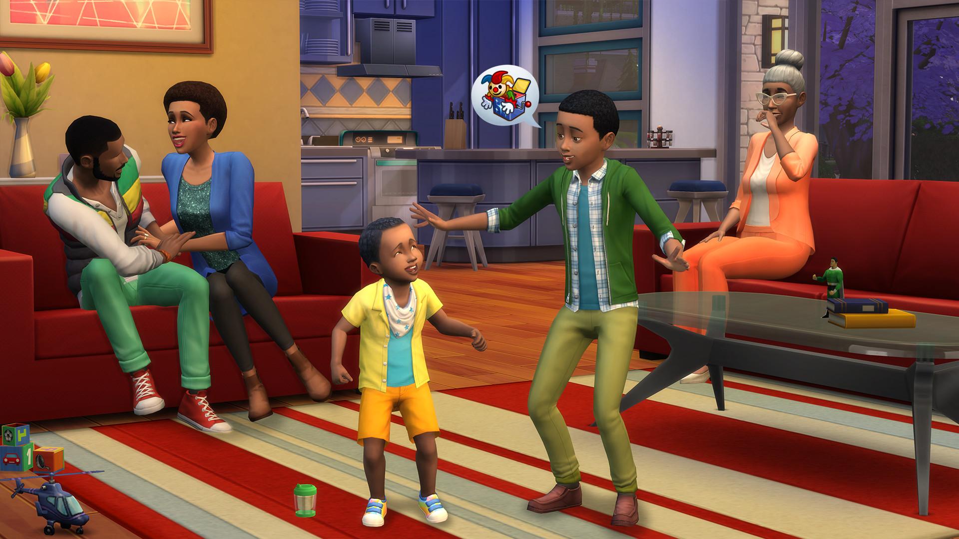 Une famille de Sims réunie dans un salon des Sims 4