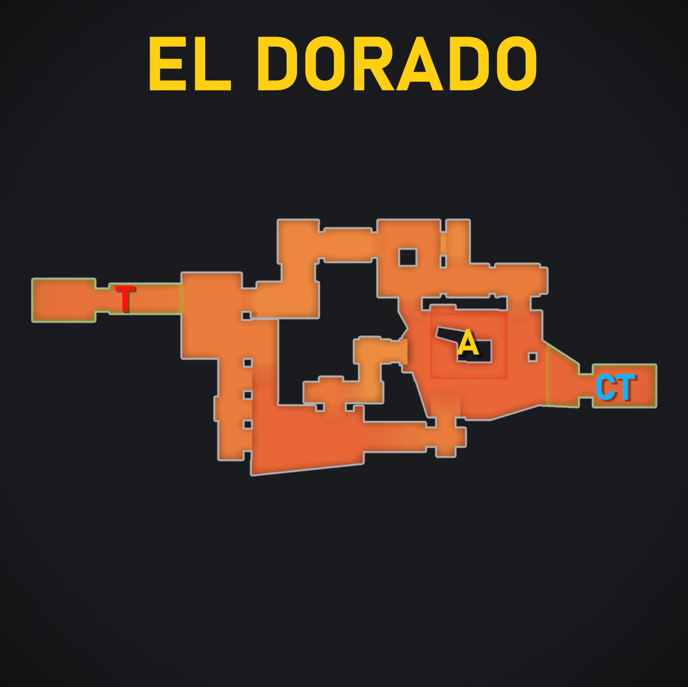 Plan radar officiel d'El Dorado montrant l'apparition terroriste à l'extrémité gauche, l'unique site A à droite et l'apparition antiterroriste juste à côté