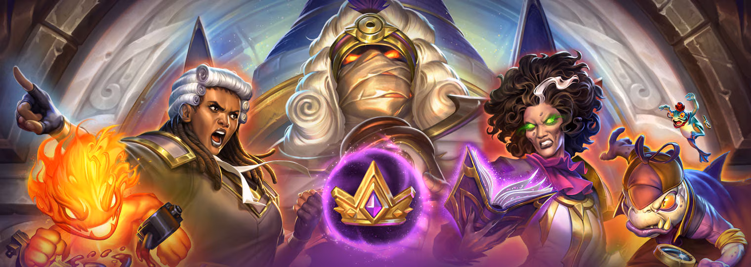 Bandeau officiel de la saison 14 des Champs de bataille : plusieurs personnages de Hearthstone, dont un murloc, entourent un emblème doré cerclé de violet.