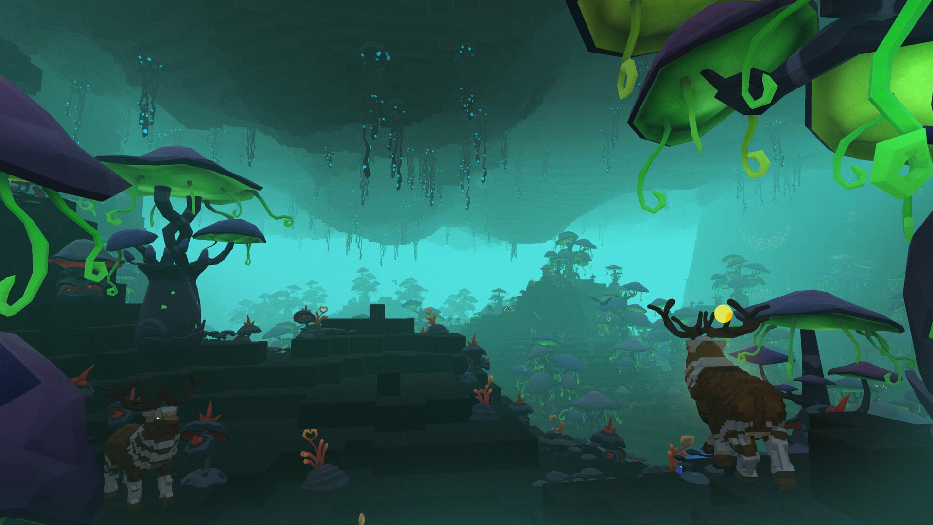 Grotte souterraine voxel aux champignons lumineux verts et bleus, avec deux créatures à bois au premier plan