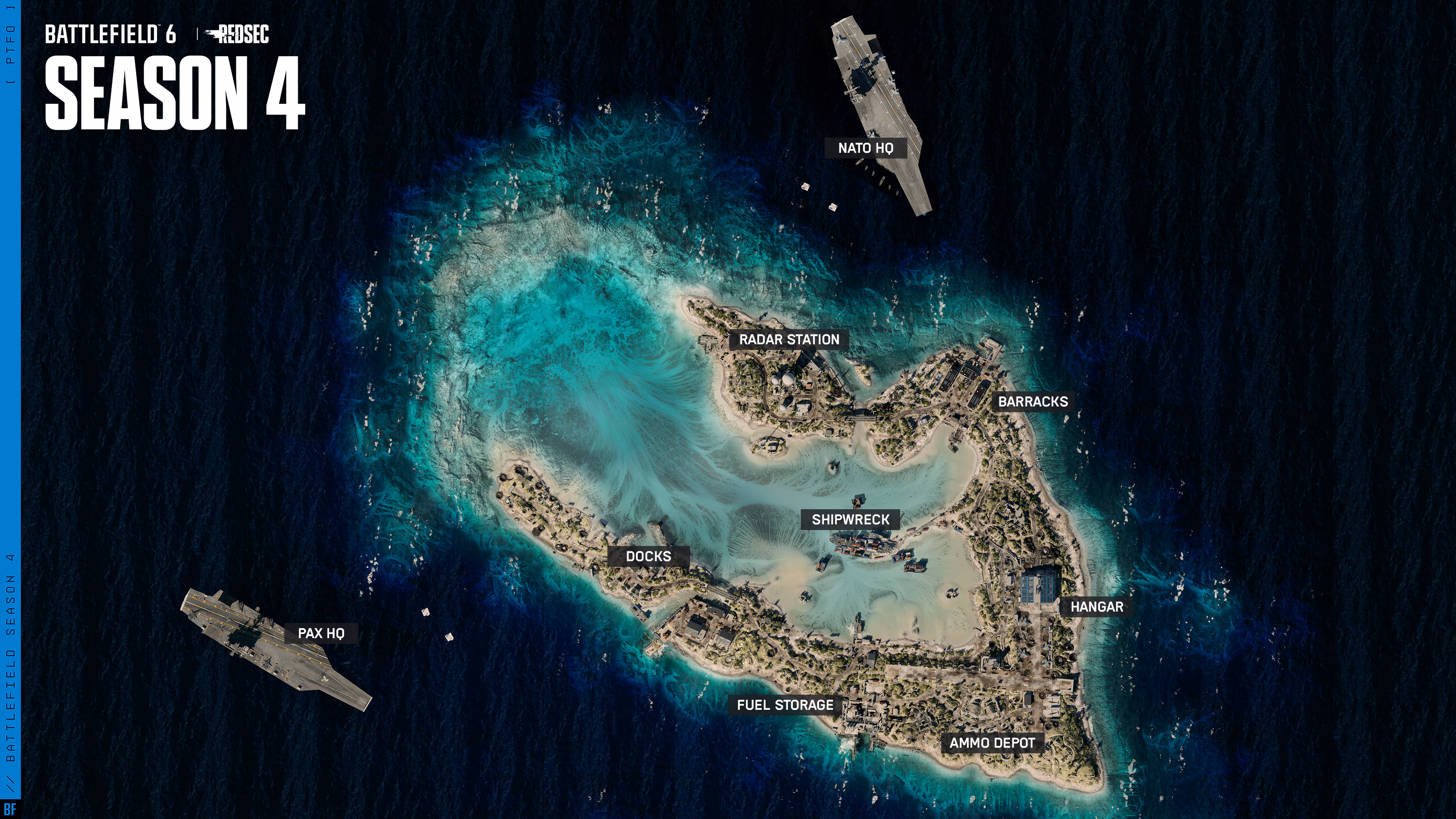 Carte officielle de l'Île Wake vue du ciel, avec l'emplacement de ses sept points d'intérêt et des deux quartiers généraux