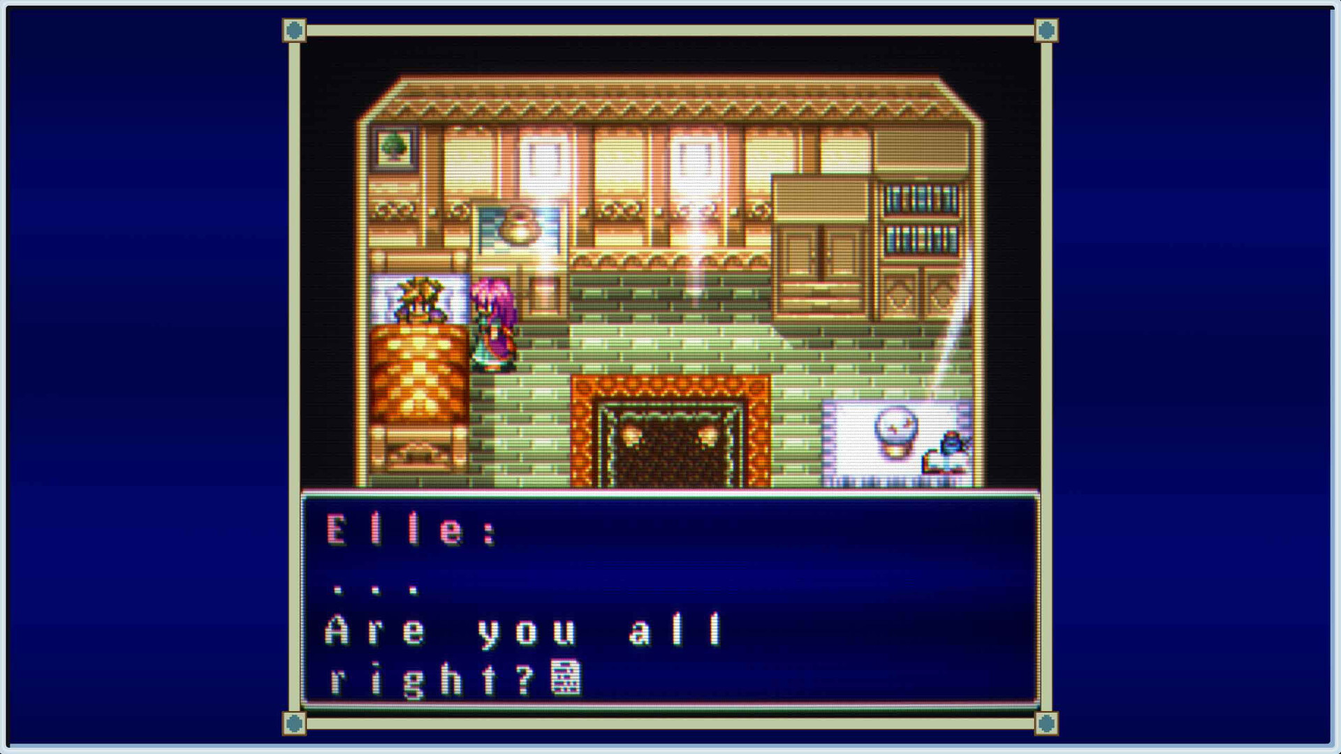 Scène de dialogue de Terranigma : le personnage d'Elle parle dans un intérieur en pixel art, la boîte de dialogue est en anglais.