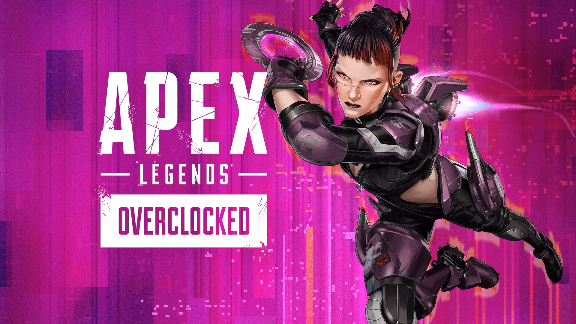 Illustration officielle de la saison 29 d'Apex Legends montrant Axle en pleine glissade sur fond magenta