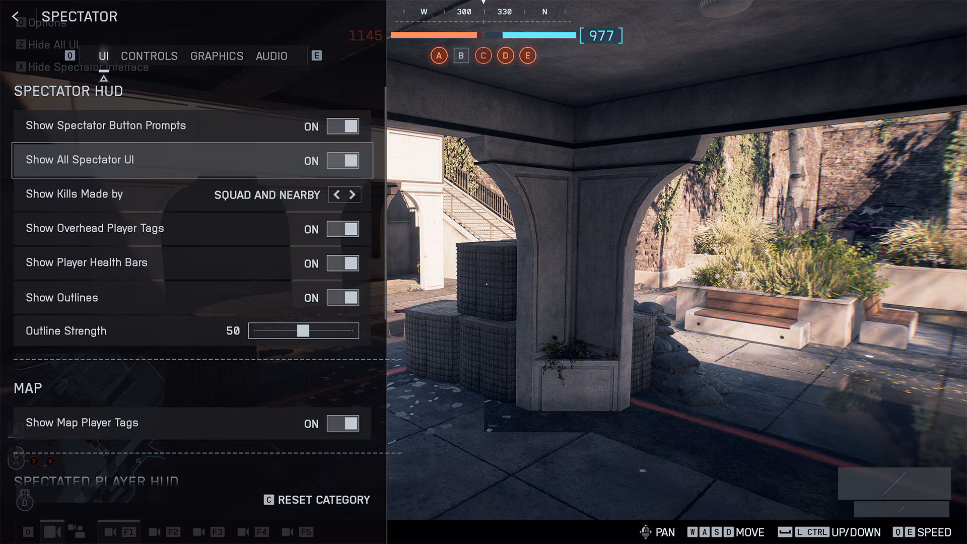 Menu des options du mode observation de Battlefield 6, avec les réglages d'interface du spectateur et les commandes de caméra libre en bas de l'écran