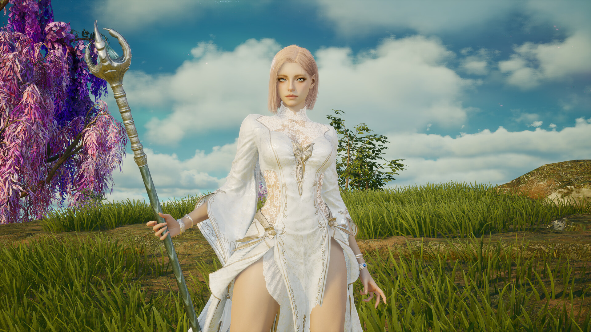 Personnage d'Aion 2 vêtu d'une tenue cosmétique blanche, bâton à la main