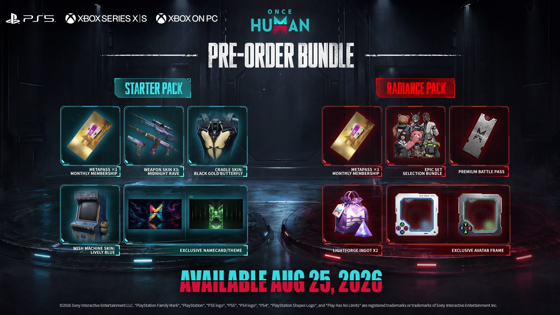 Détail du contenu des packs de précommande Starter Pack et Radiance Pack de Once Human sur PS5 et Xbox