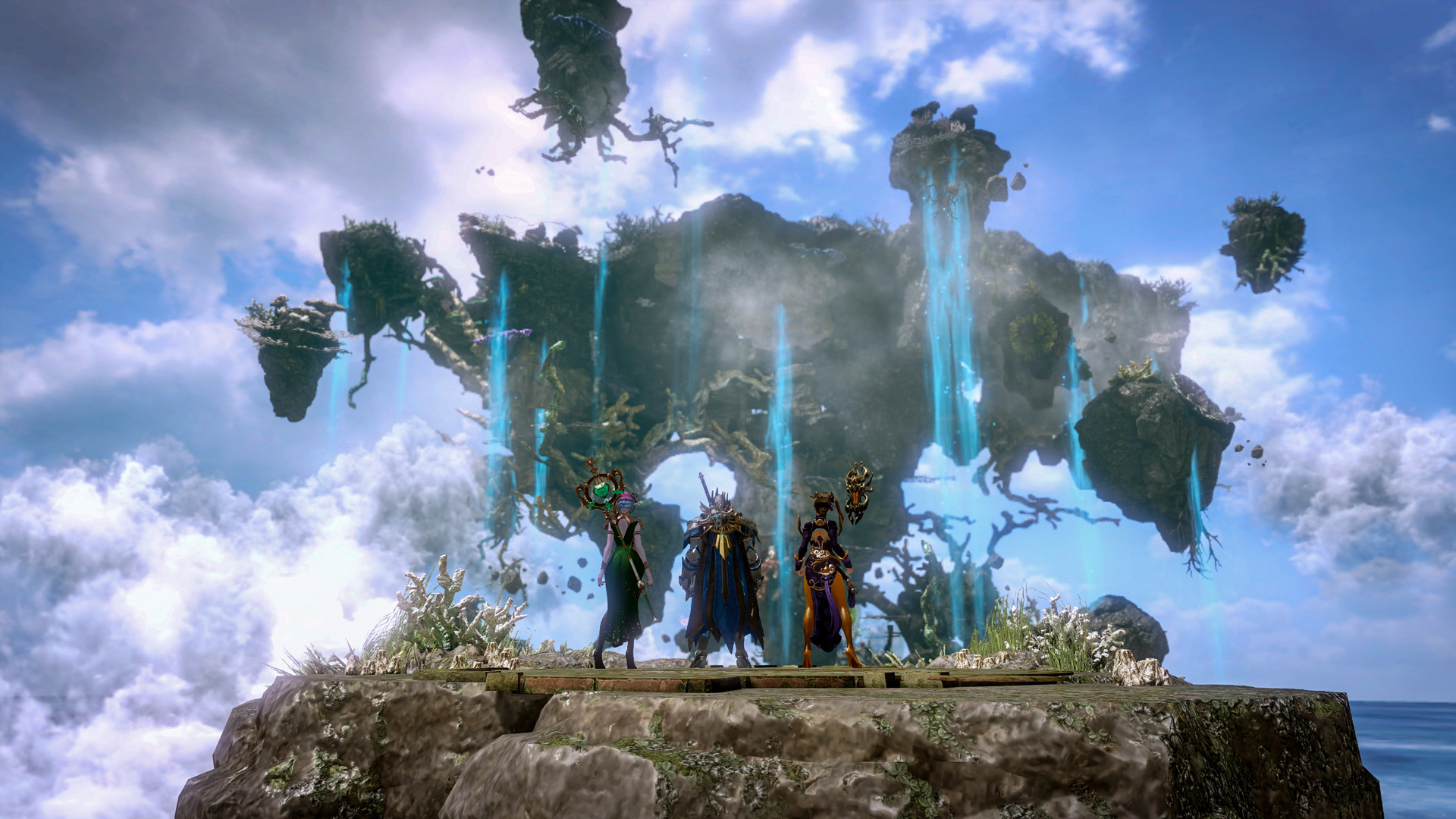 Trois personnages de Lost Ark devant un grand portail lumineux, sur un îlot flottant baigné de nuages