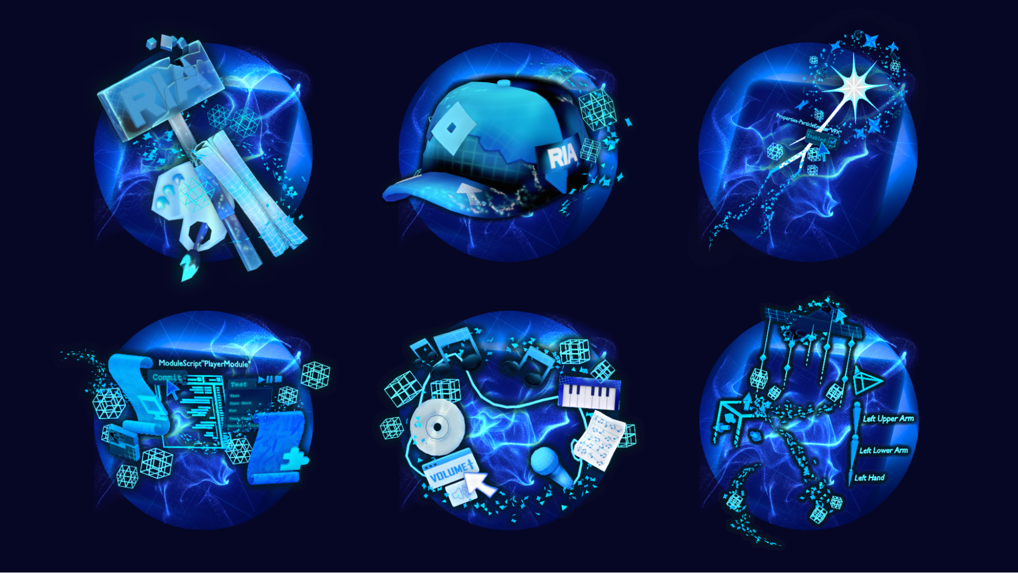 Les six objets UGC des Roblox Innovation Awards 2026 : casquette, marteau, bâton VFX, aura, parchemins et aura musicale
