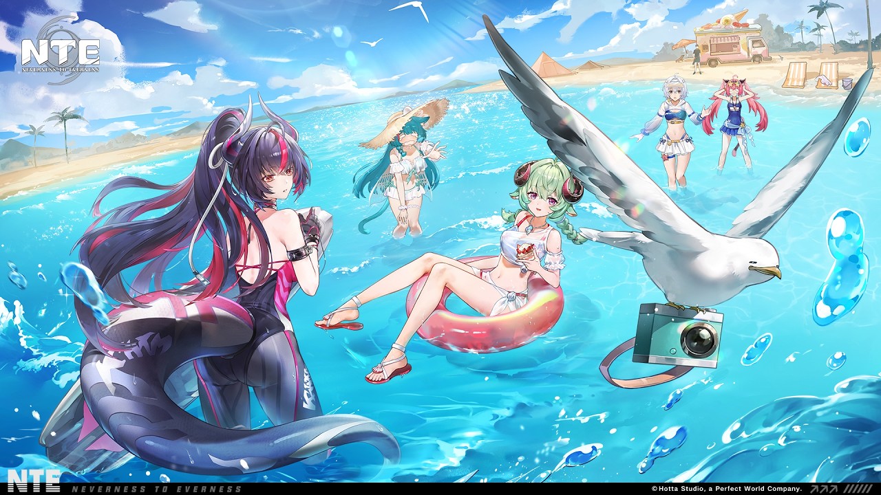 Illustration officielle d'été de NTE avec plusieurs personnages à la plage