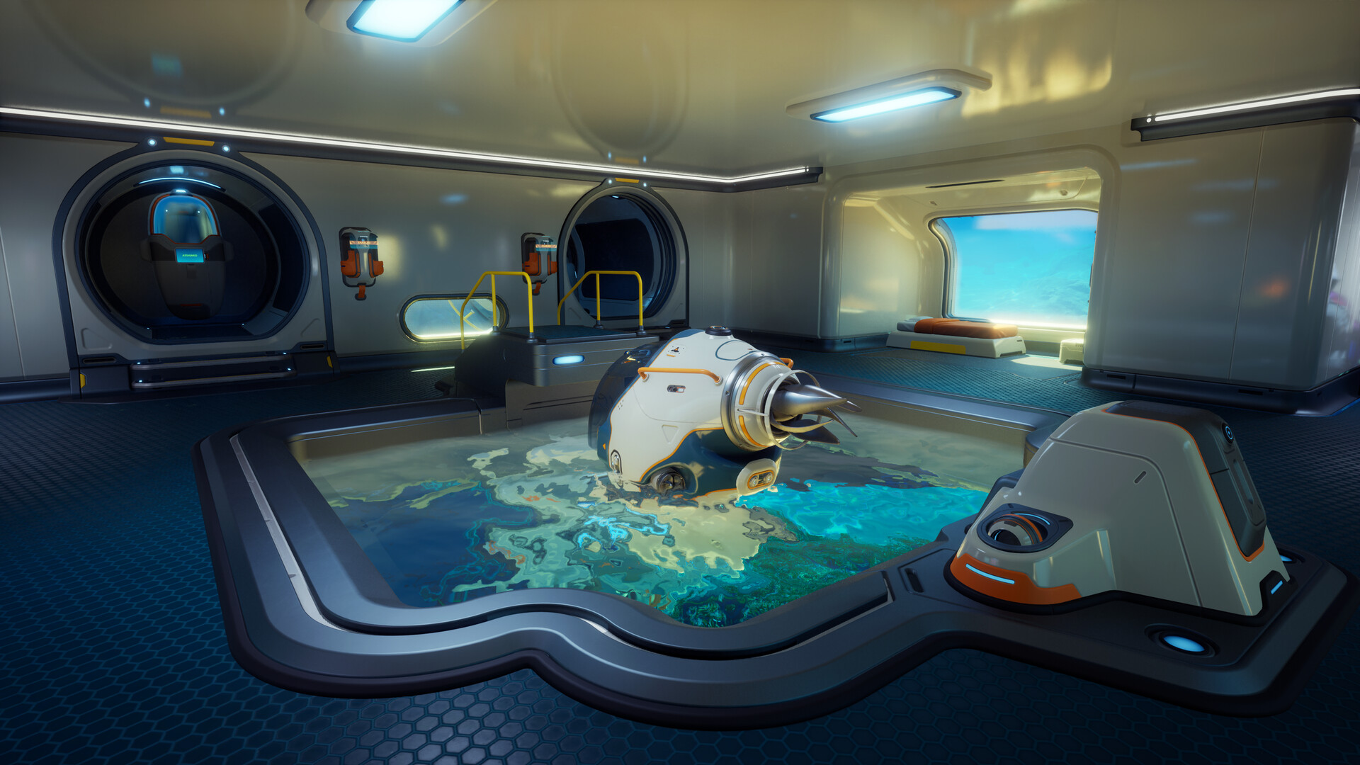Base sous-marine éclairée de Subnautica 2 posée sur le fond marin