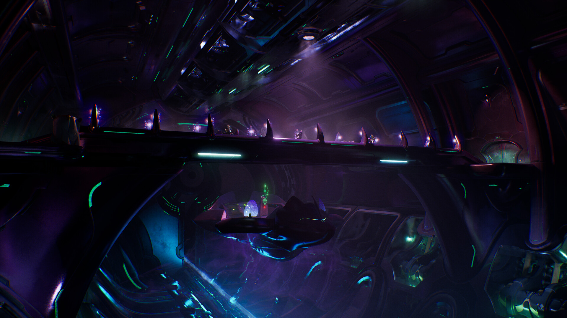 Intérieur sombre d'un vaisseau Covenant éclairé de violet et de cyan dans Halo: Campaign Evolved