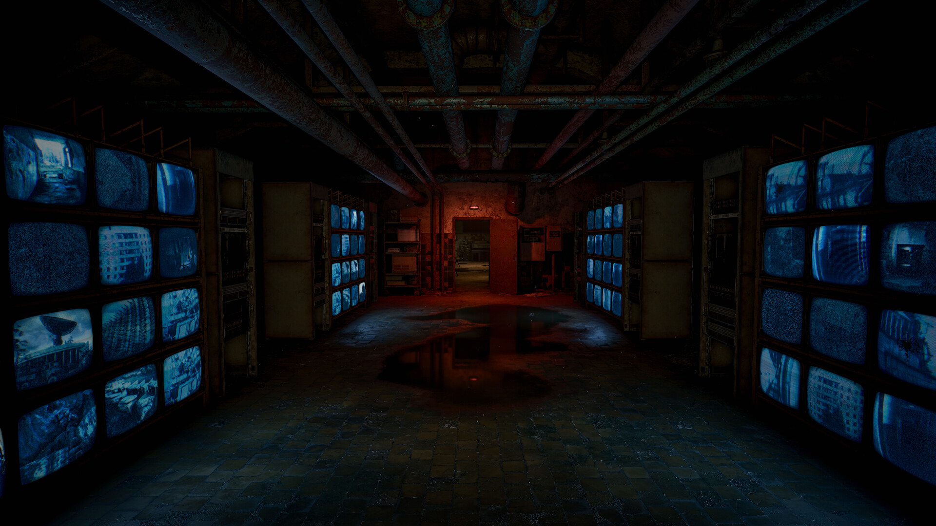 Salle de contrôle souterraine tapissée d'écrans cathodiques bleutés dans S.T.A.L.K.E.R. 2