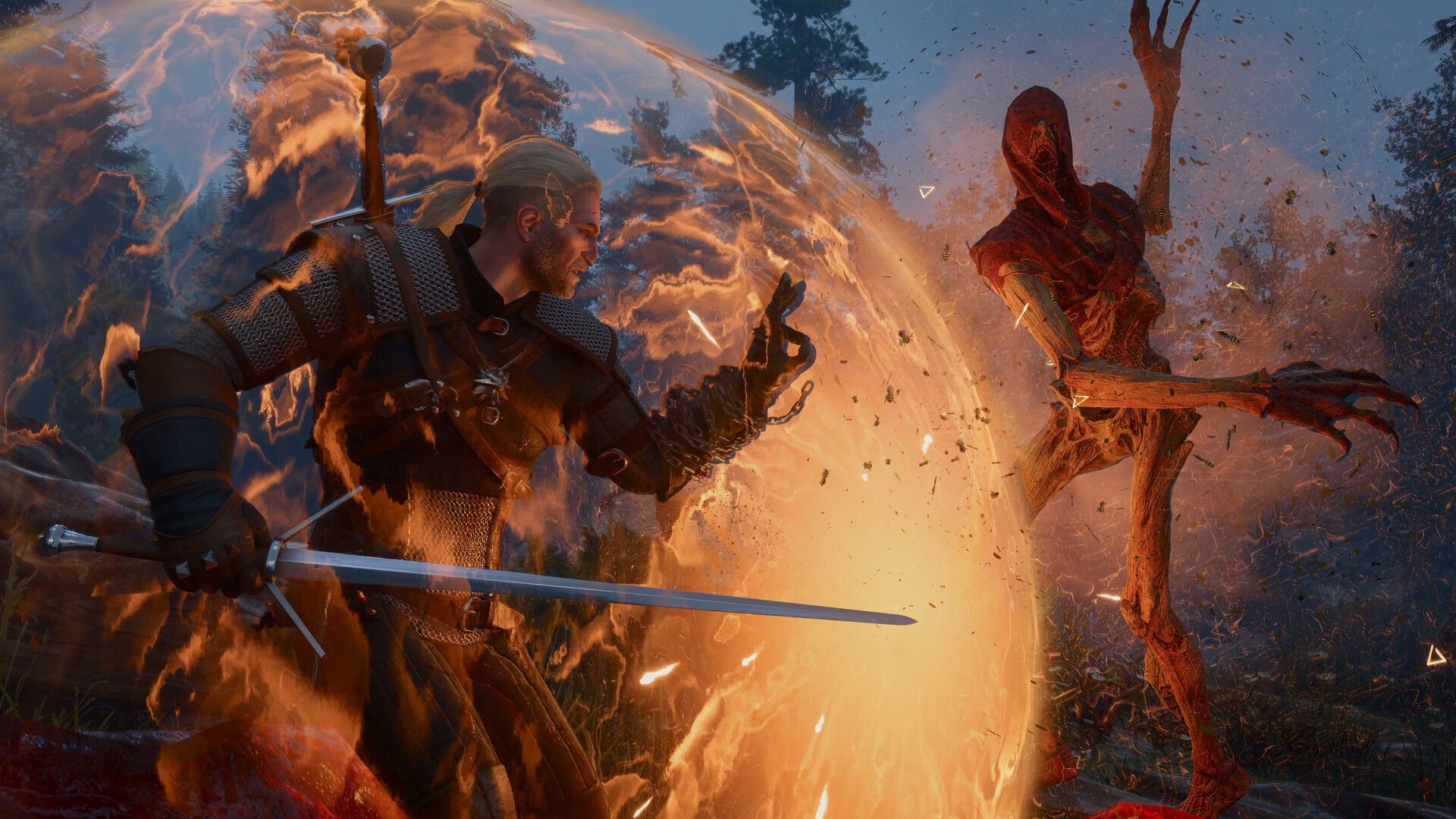 Geralt dresse un bouclier magique orangé face à une créature humanoïde faite de bois mort, dans une forêt claire