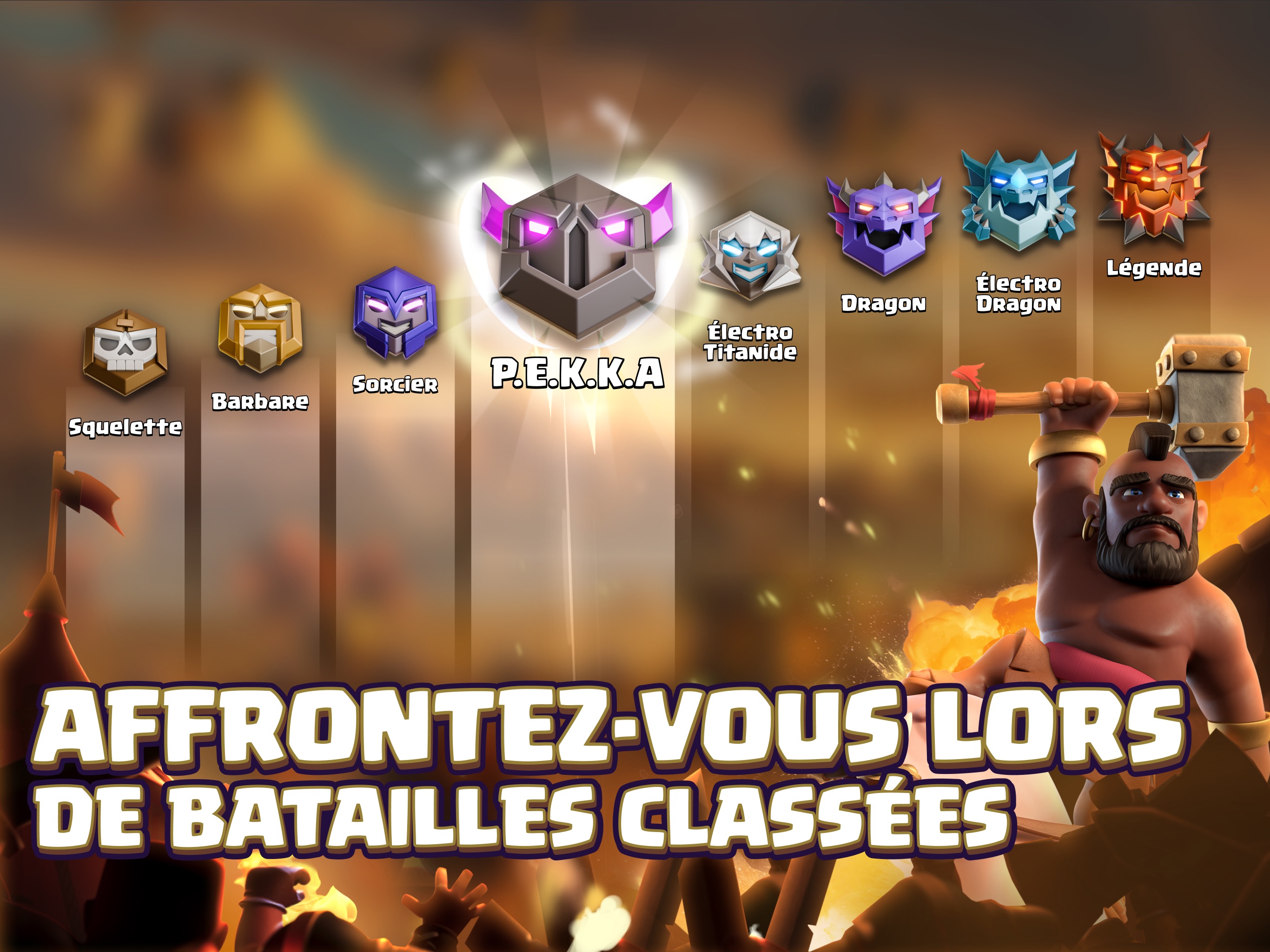 L'échelle des ligues des batailles classées de Clash of Clans en français, de Squelette à Légende, avec un chevaucheur de cochon au premier plan