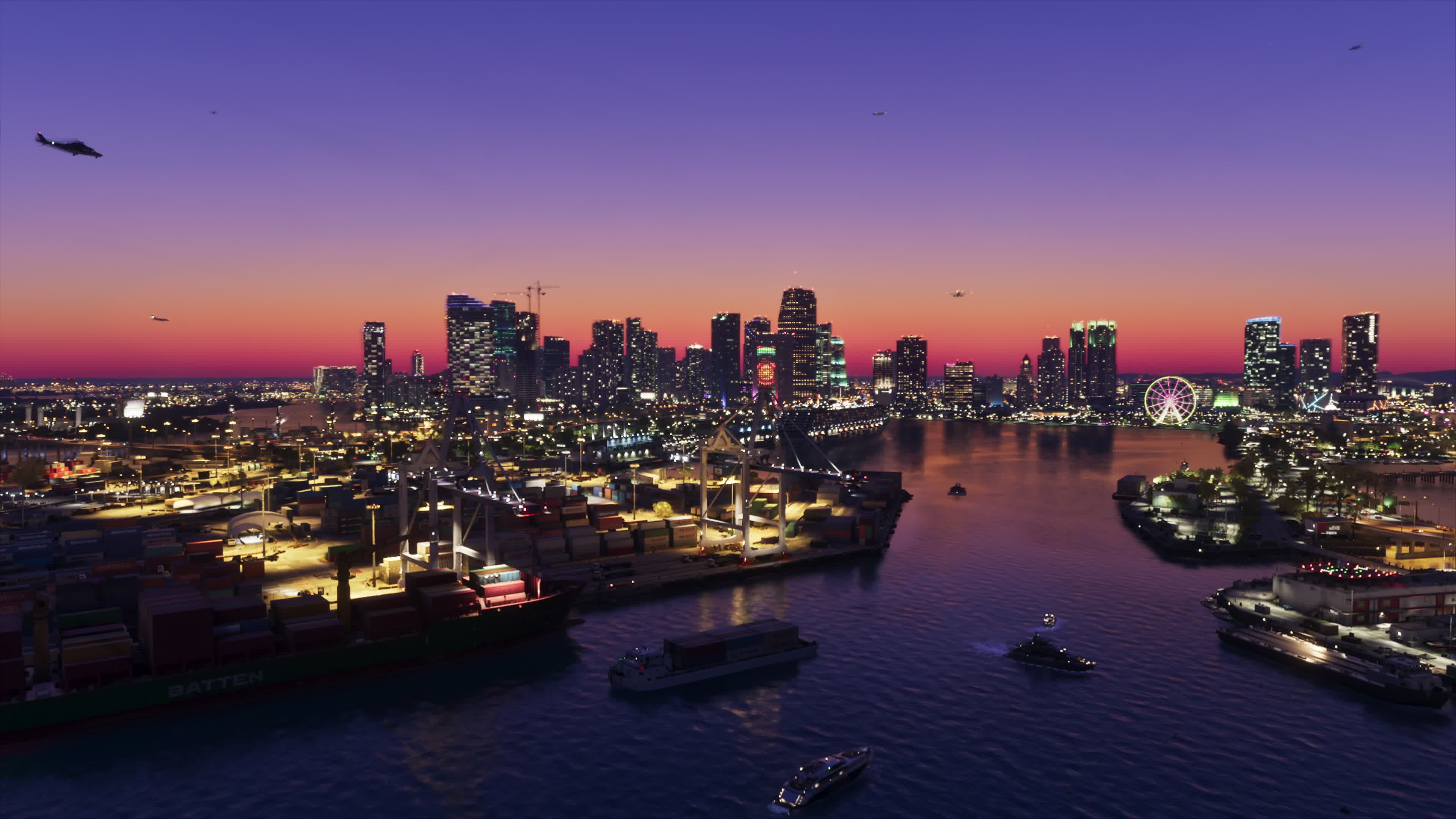Vue aérienne au crépuscule des gratte-ciel de Vice City, du port et de ses porte-conteneurs, avec une grande roue éclairée sur la rive opposée