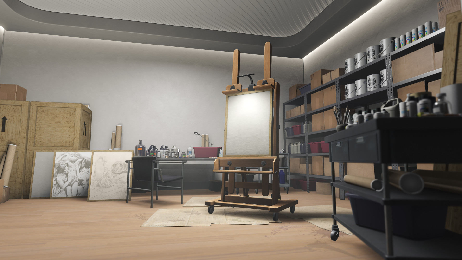 L'atelier d'art de la villa dans GTA Online, avec chevalet, toiles et fournitures