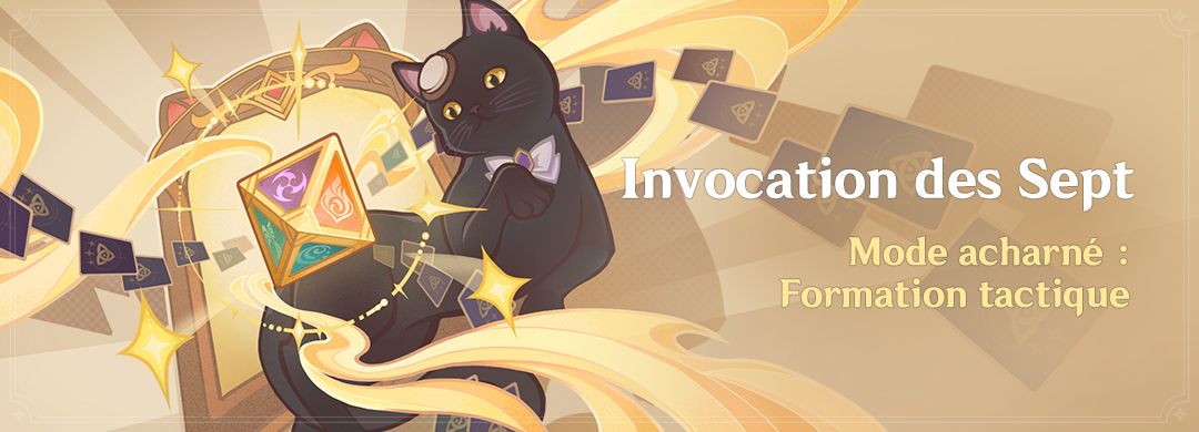 Un chat noir tient un dé élémentaire au milieu de cartes en suspension, sous le titre « Invocation des Sept — Mode acharné : Formation tactique ».