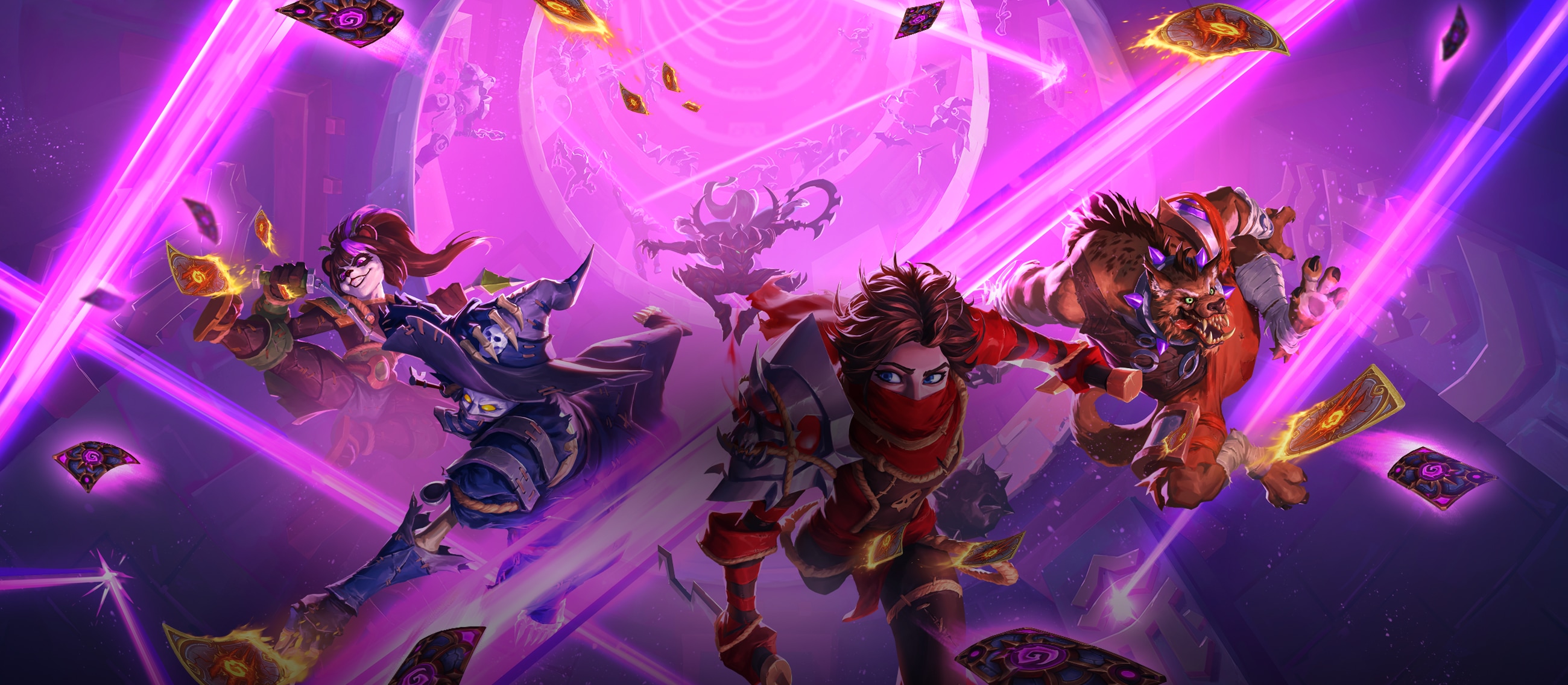 Illustration officielle de l'extension Hearthstone Évasion du fort Pourpre, trois personnages s'échappant à travers des faisceaux violets