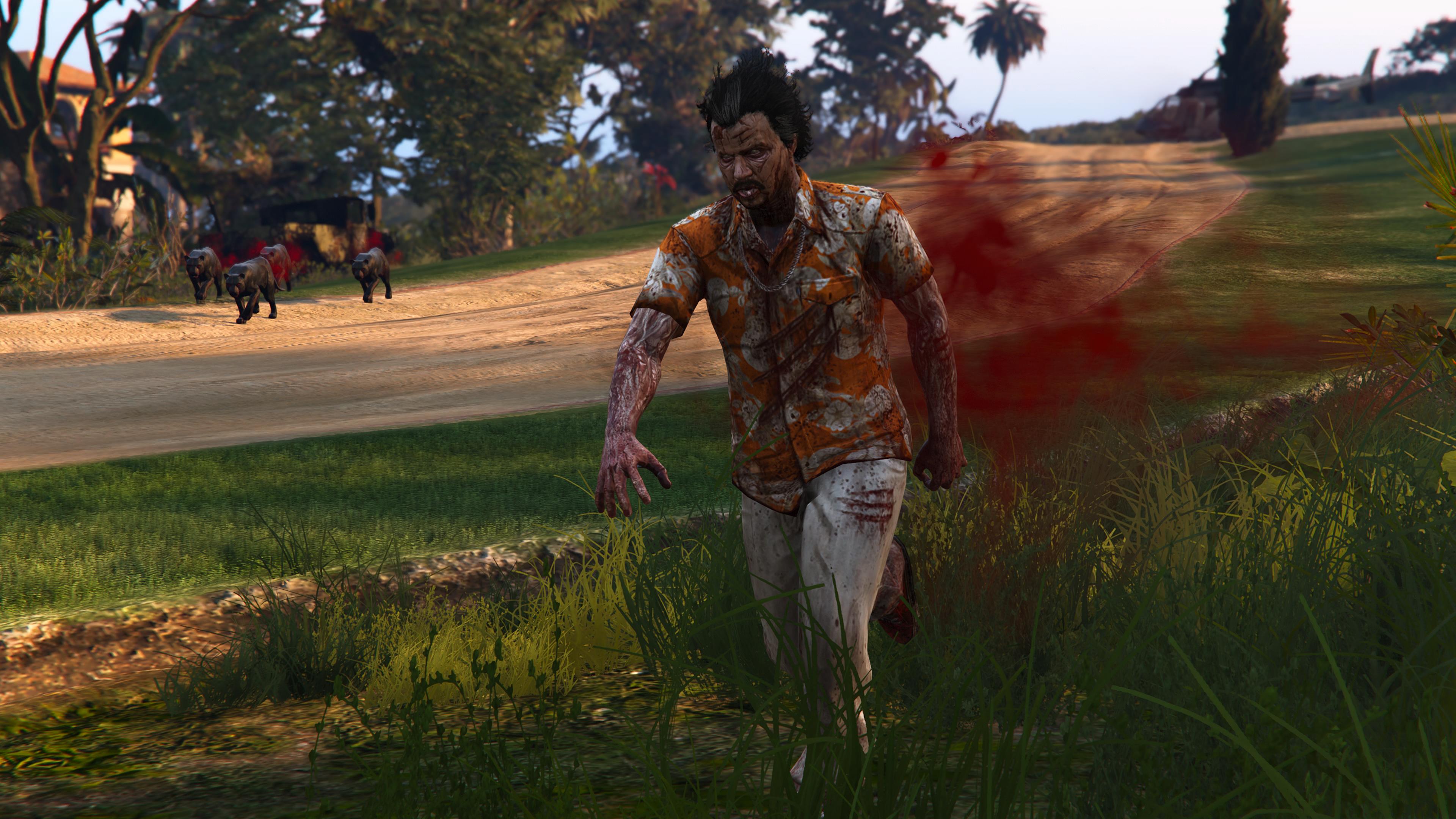 Le dresseur de panthères mort-vivant entouré de ses fauves sur Cayo Perico dans GTA Online