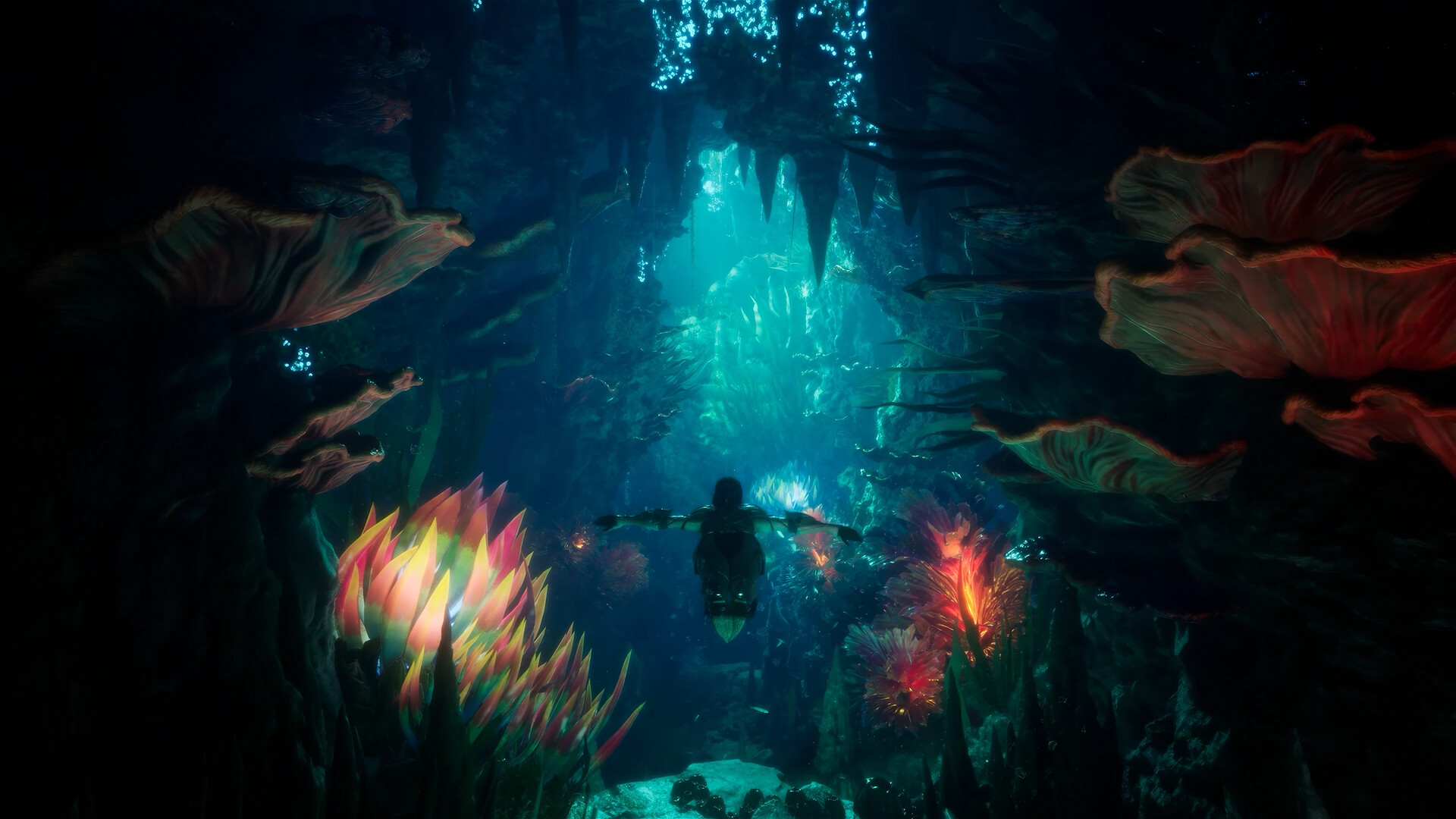 Daeva en vol dans une caverne sous-marine illuminée par des plantes lumineuses dans AION 2