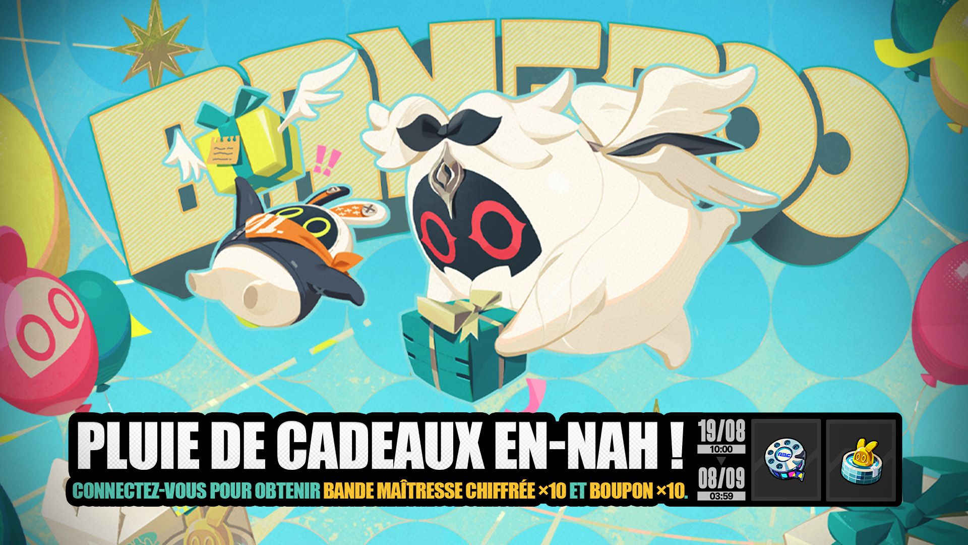 Bannière officielle de l'événement de connexion Pluie de cadeaux En-Nah ! de Zenless Zone Zero, avec deux Bangbous et des cadeaux