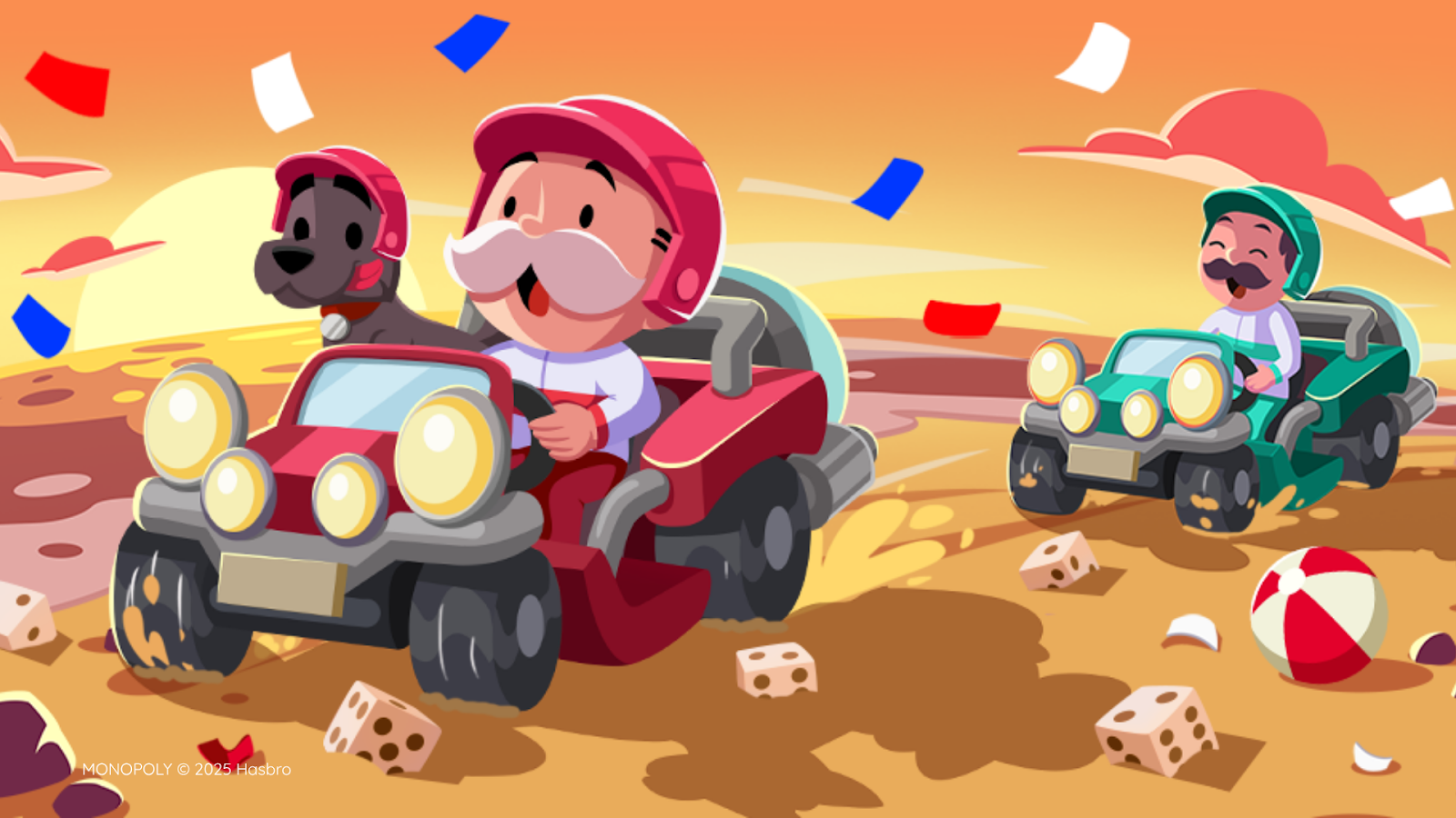 Illustration officielle de MONOPOLY GO! montrant M. MONOPOLY au volant d'une voiture rouge dans un décor désertique, des dés et des confettis autour de lui