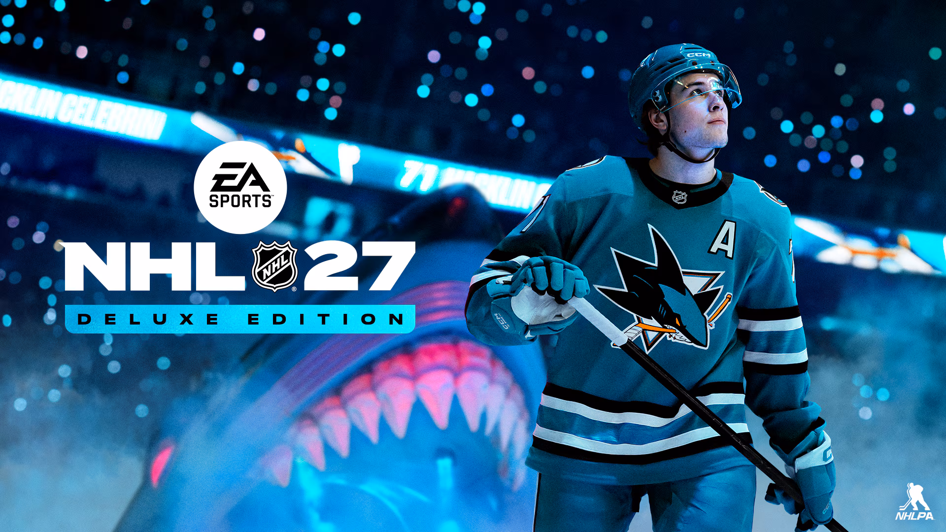 Visuel de l'édition Deluxe de NHL 27 : Macklin Celebrini, crosse en main, sous le maillot turquoise des San Jose Sharks