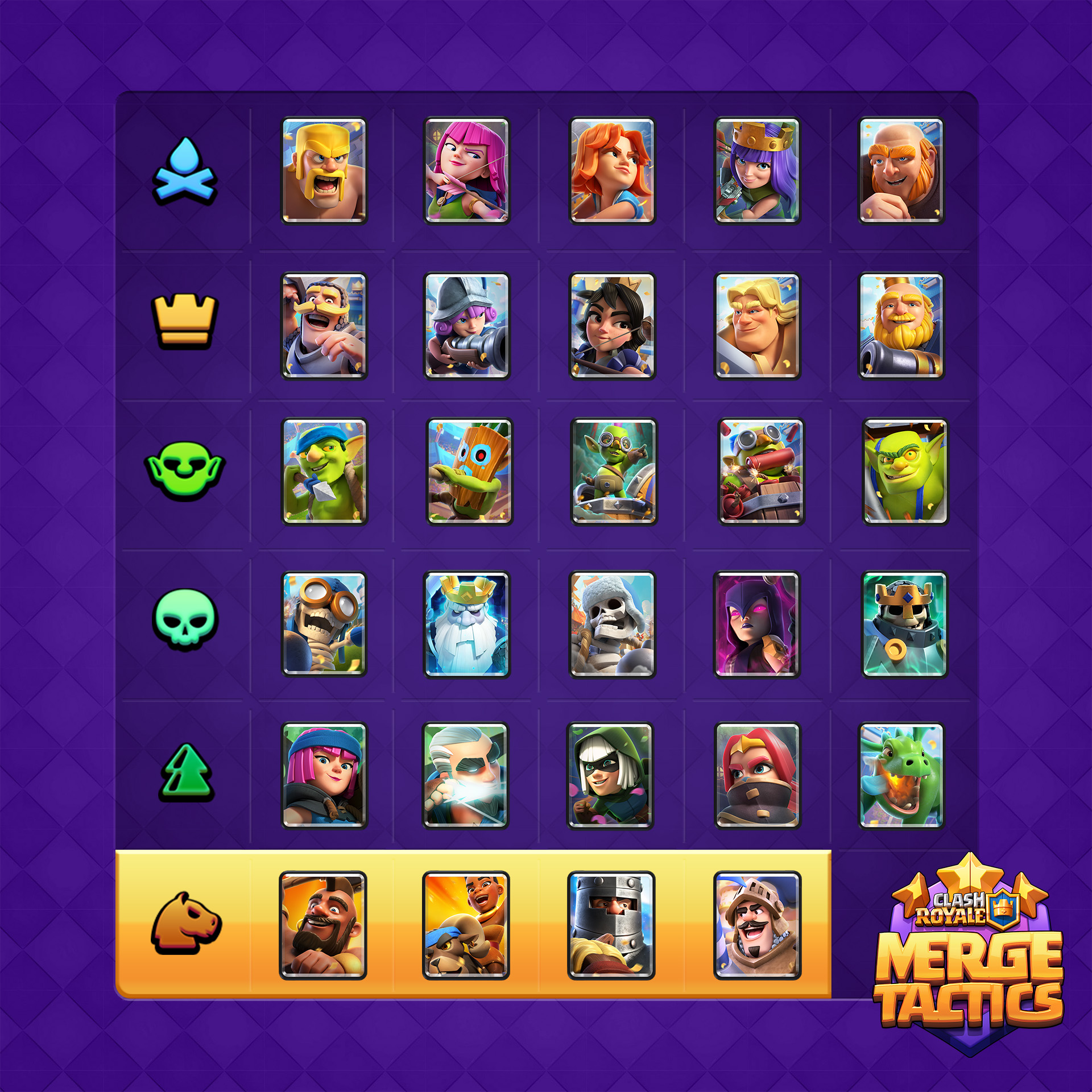 Grille de la sélection de cartes de septembre dans Merge Tactics, avec la rangée Cavalerie surlignée et ses quatre supers
