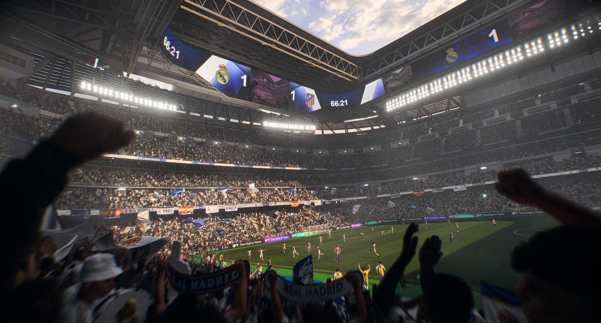 Vue depuis les tribunes d'un stade plein pendant un match dans EA Sports FC 26