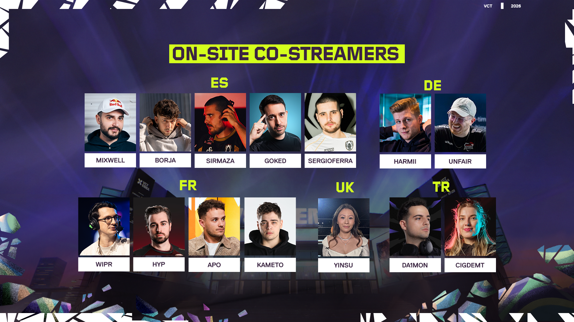 Visuel officiel des co-streamers présents à Barcelone, classés par langue : espagnol, allemand, français, anglais et turc.