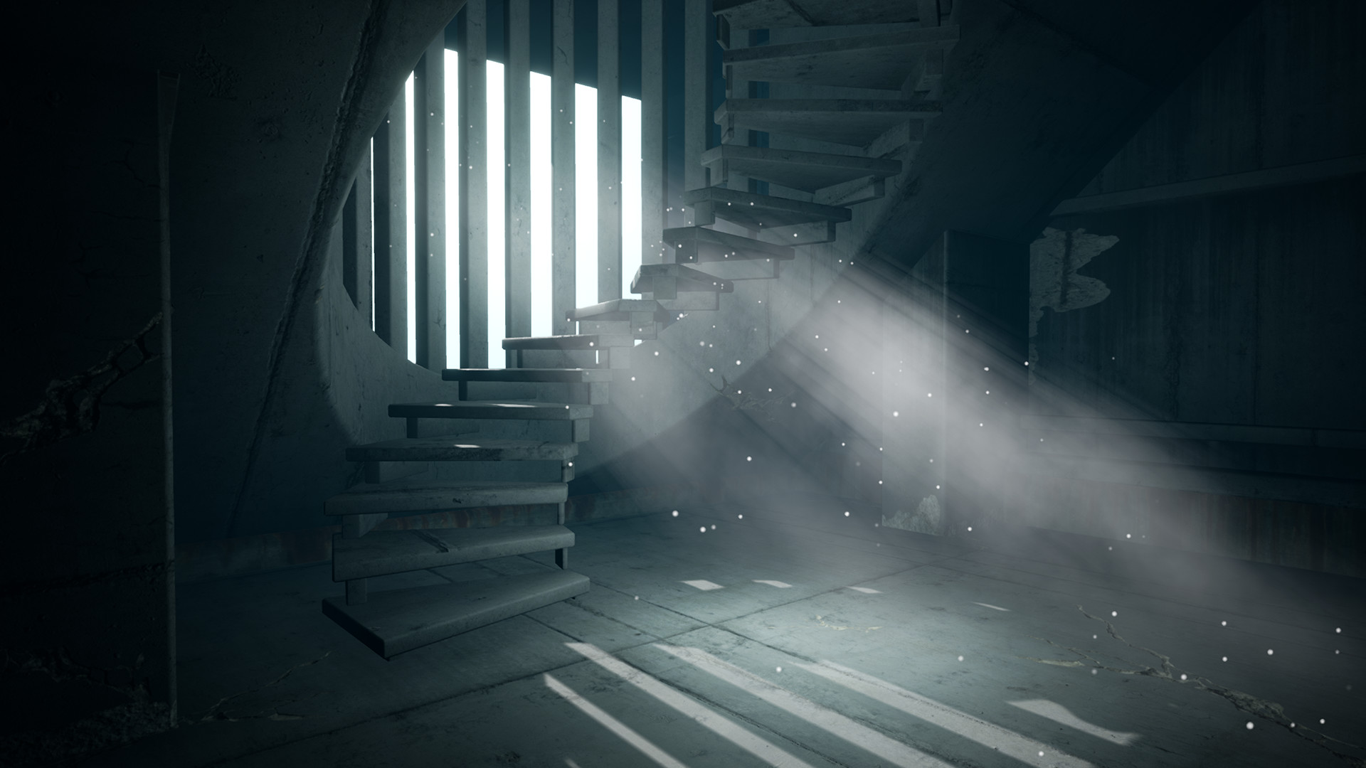 Escalier en colimaçon en béton éclairé par des rais de lumière dans Escape the Backrooms