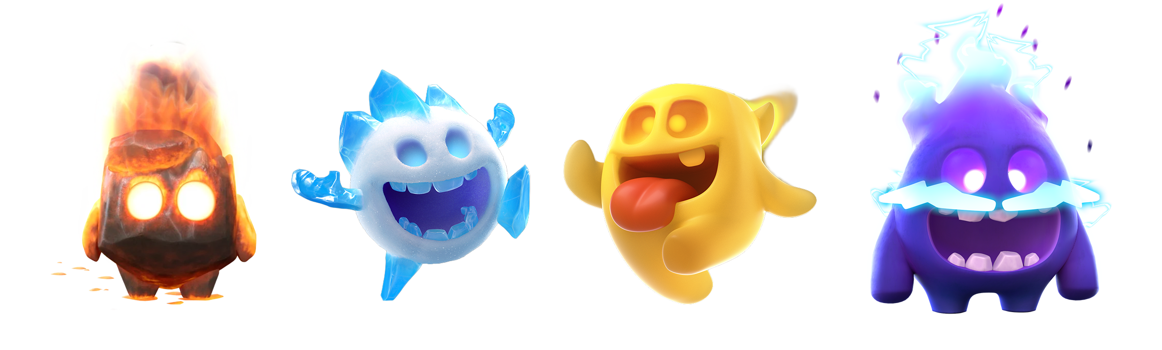 Les quatre esprits de Clash Royale : esprit de feu, esprit de glace, esprit de guérison et électro-esprit