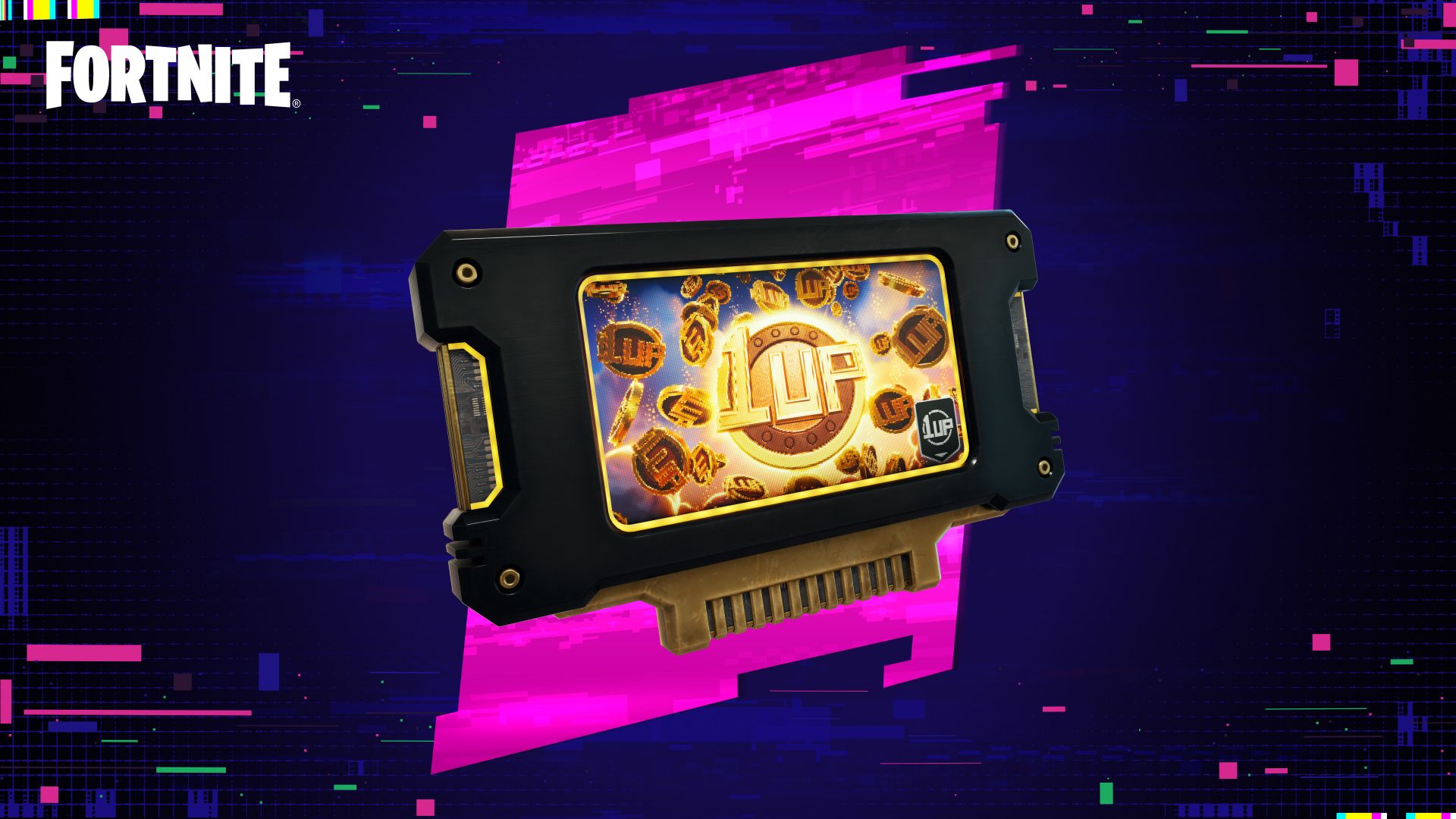 Cartouche de jeu rétro frappée du logo 1-UP et entourée de pièces dorées, sur un fond parasité aux couleurs de Système hacké