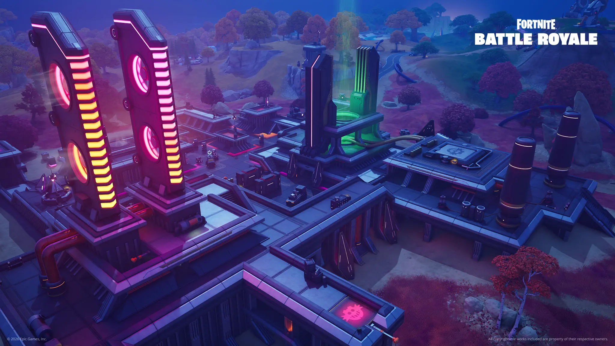 Un complexe industriel violet parcouru de tuyaux, de colonnes lumineuses rouges et vertes et de câbles électriques, dans le point d'intérêt Réalité réformée de Fortnite