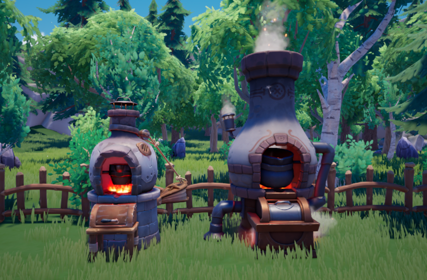 Comparaison entre un Basic Smelter et un Heavy Smelter installés sur une parcelle de Palia